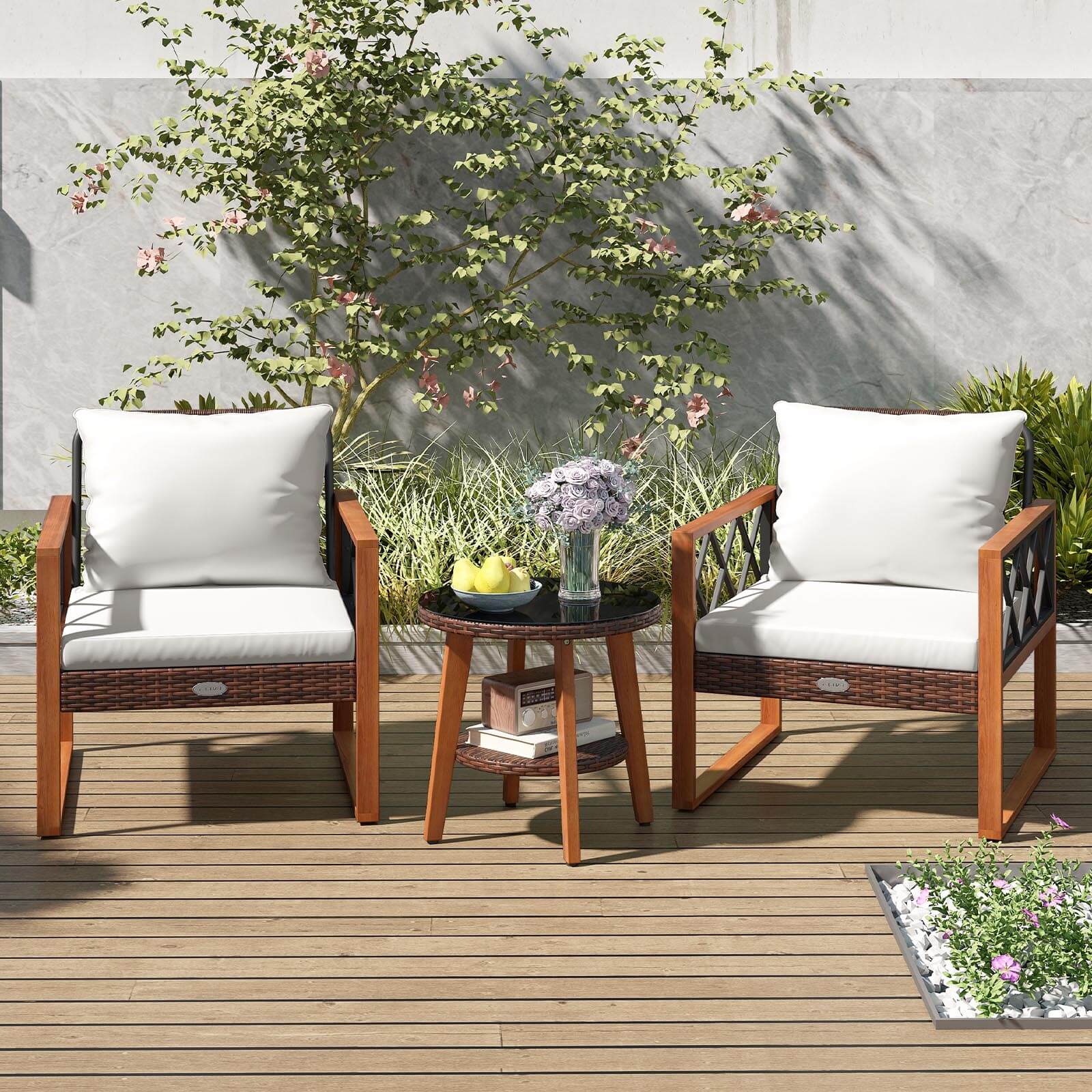 Alt View 3. Costway - Costway 3 PCS Patio PE Wicker Furniture Set with Solid Acacia Wood Frame & Cushions - White.