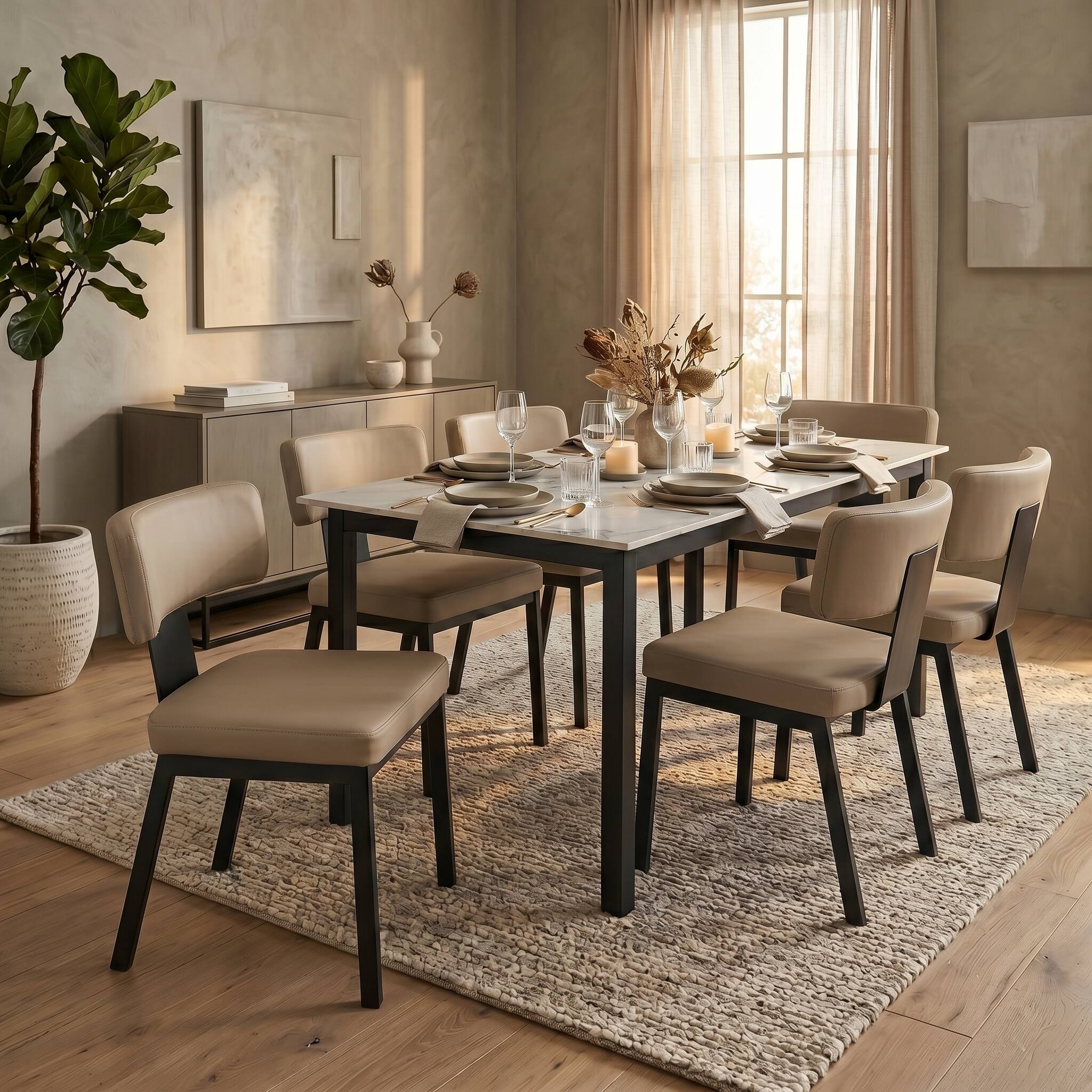 Left. LeisureMod - Teres 2-PCS Modern Curved Leather Dining Chair with Steel Legs & Signature Metal Accent Band, Poplar Wood Core - Soft Taupe.