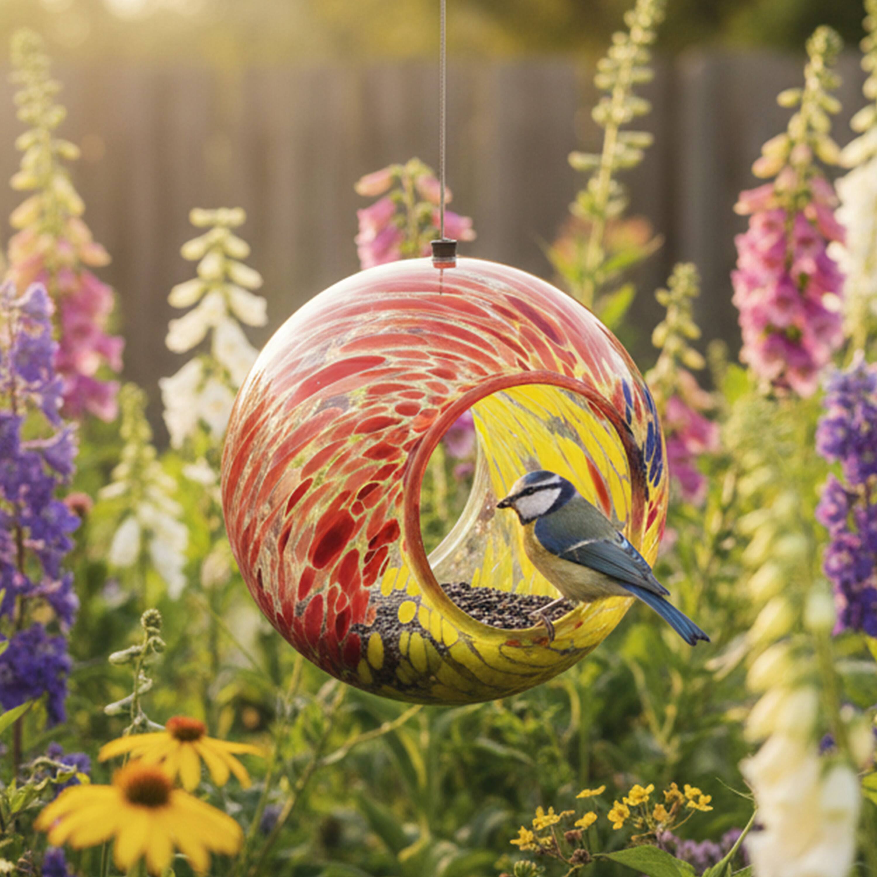 Alt View 1. Sunnydaze - Solar Glass Fly-Through Hanging Bird Feeder - 6" - Rainbow Swirl.
