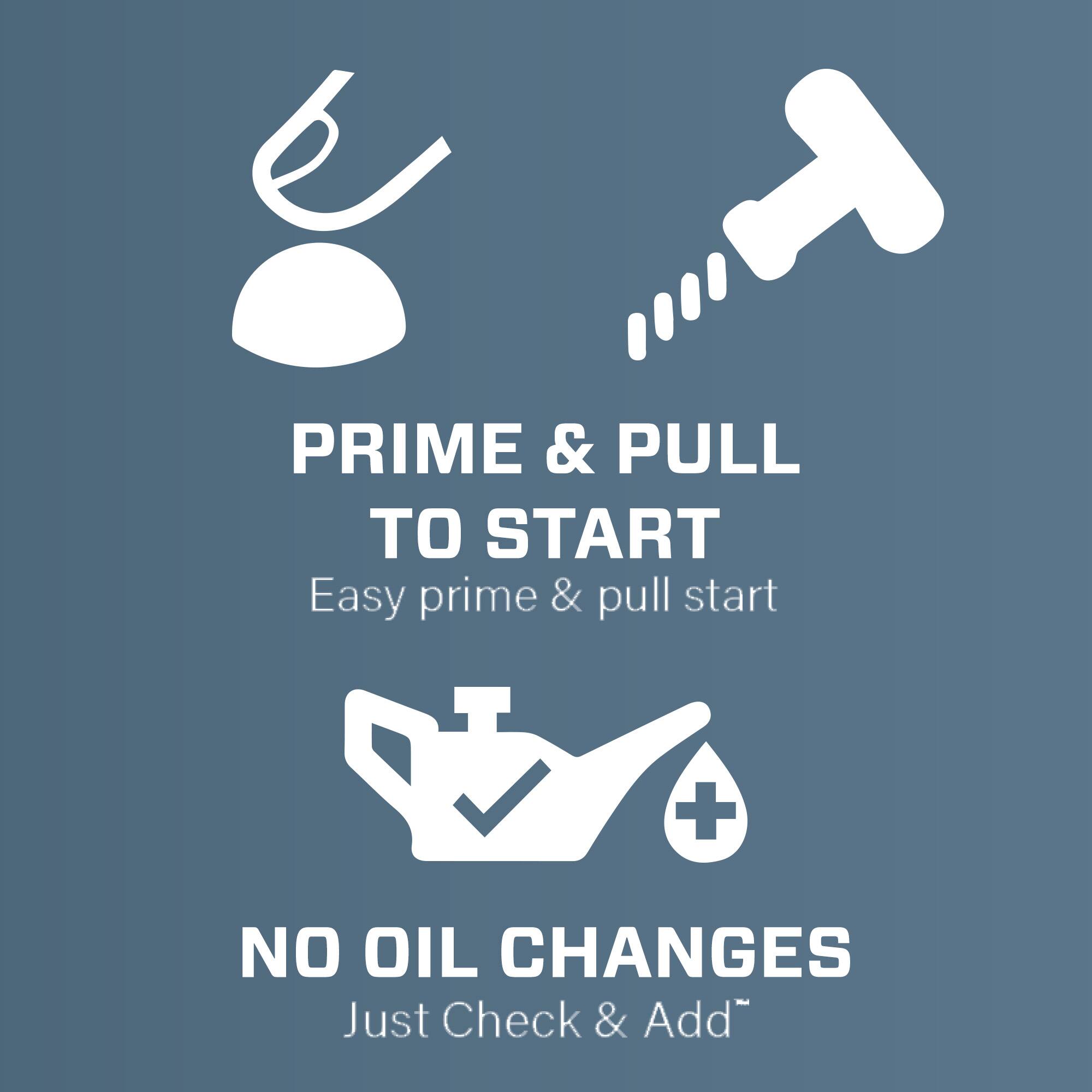 PRIME & PULL TO START  
Easy prime & pull start  

NO OIL CHANGES  
Just Check & Add
