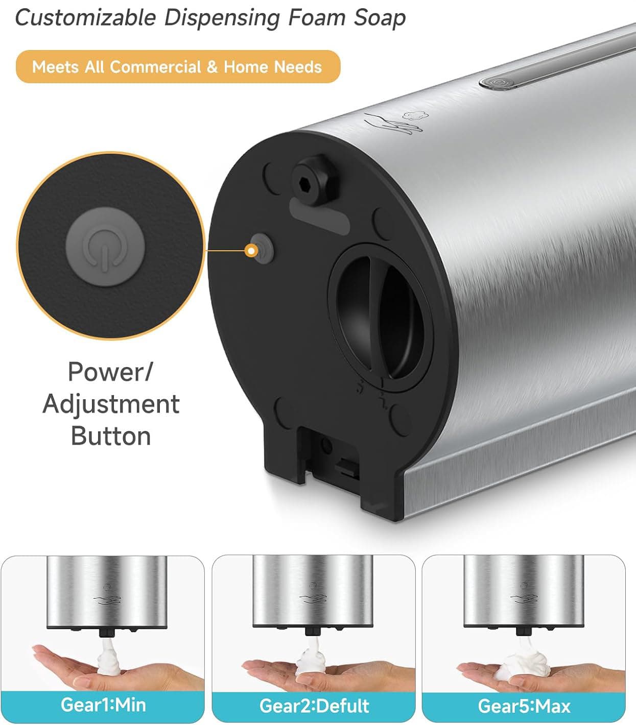 Customizable Dispensing Foam Soap  
Meets All Commercial & Home Needs  

Power/ Adjustment Button  

Gear1: Min  
Gear2: Default  
Gear5: Max
