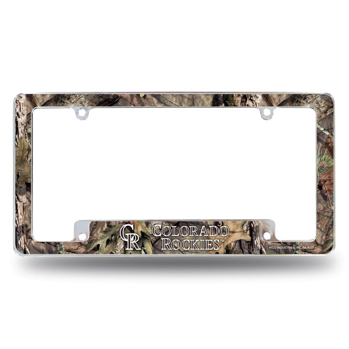 Colorado Rockies Chrome Metal License Plate Frame with Bold Mossy Oak Camouflaged Camo Design