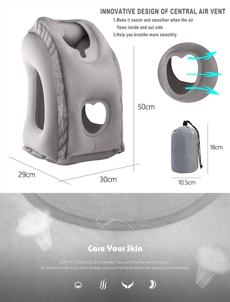 **INNOVATIVE DESIGN OF CENTRAL AIR VENT**

1. Make it easier and smoother when the air flows inside and outside
2. Help you breathe more smoothly

**Dimensions:**
- 50cm
- 29cm
- 30cm
- 18cm
- 10.5cm

**Care Your Skin**

Soft PVC flocking is skin-friendly. You will love the velvety touch. No irritation will occur even though you use the travel pillow throughout your journey.