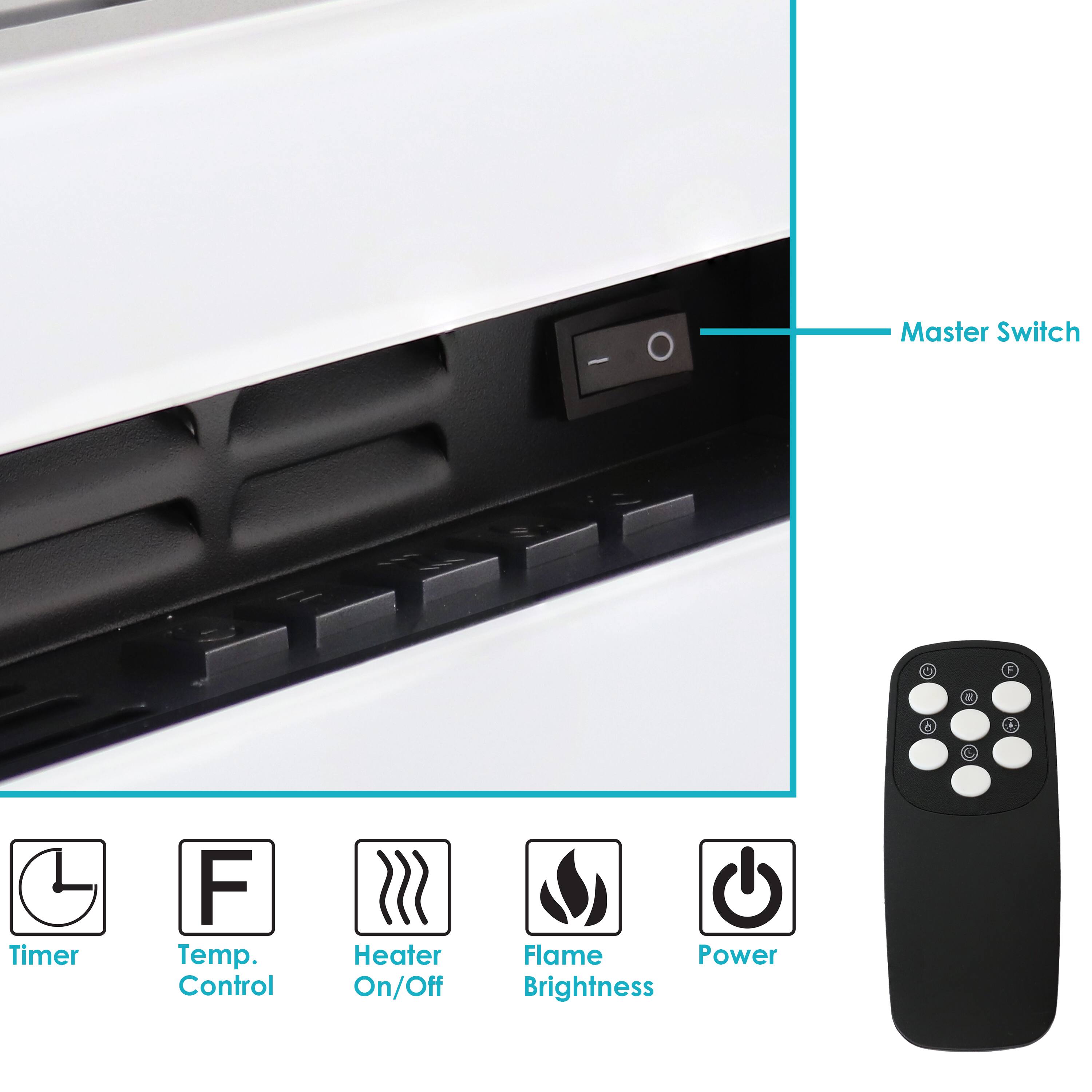- Master Switch
- Timer
- Temp. Control
- Heater On/Off
- Flame Brightness
- Power