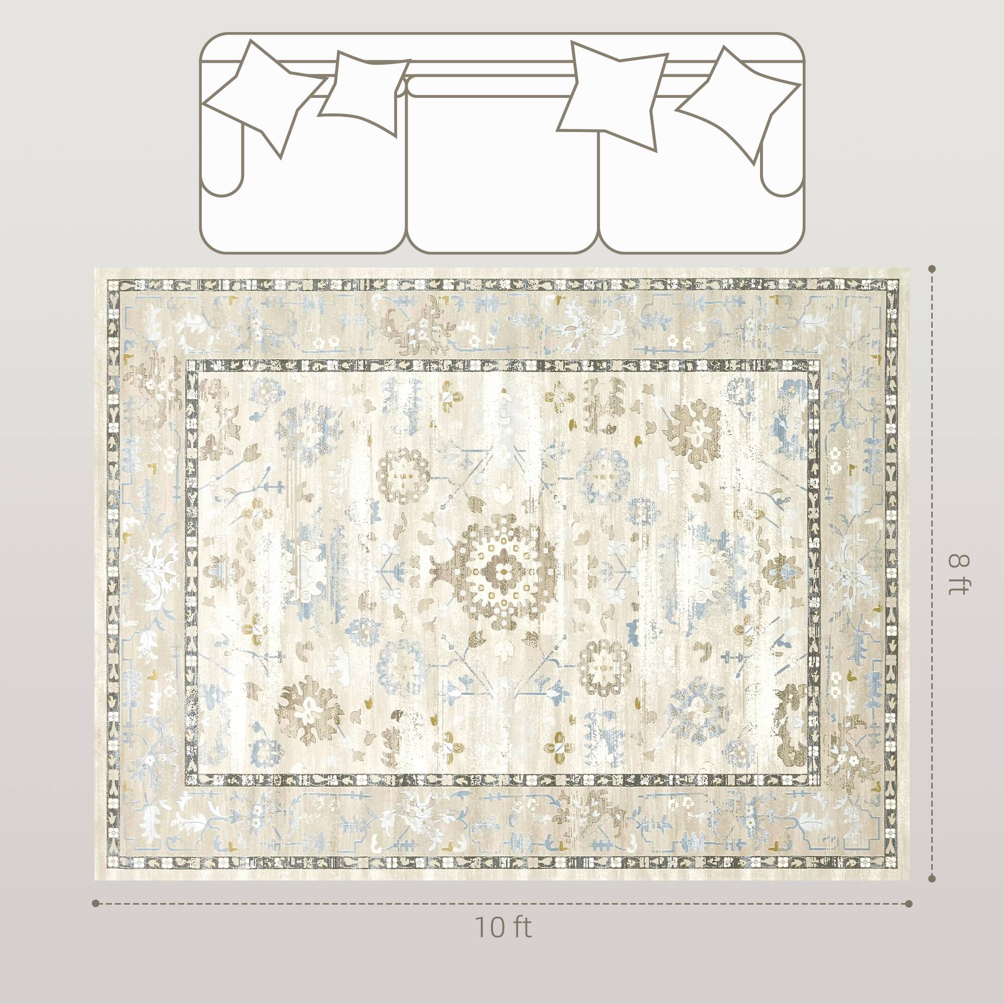 Alt View 3. Homcom - HOMCOM 8x10 Indoor Rug: Mach-Wash Distress Medallion Boho Non-Slip Blue Carpet, High Traffic - Blue.