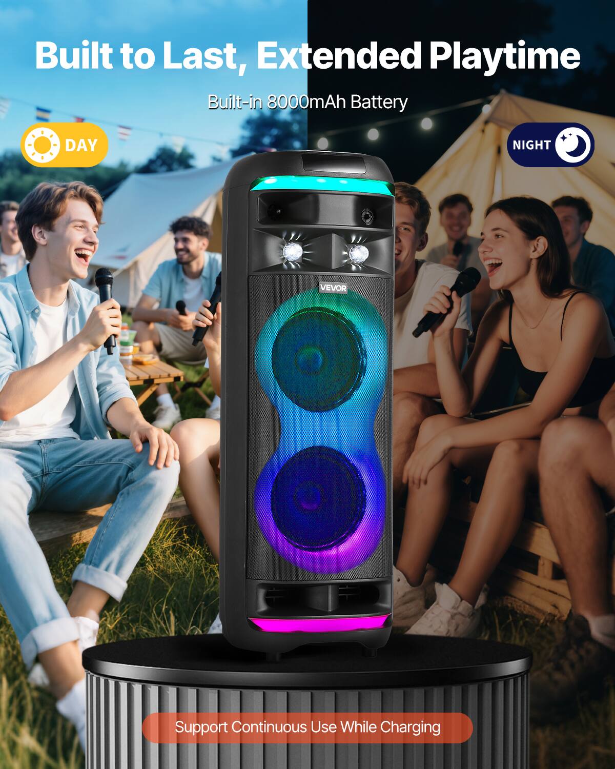 Built to Last, Extended Playtime  
Built-in 8000mAh Battery  

DAY  
NIGHT  

VEVOR  

Support Continuous Use While Charging