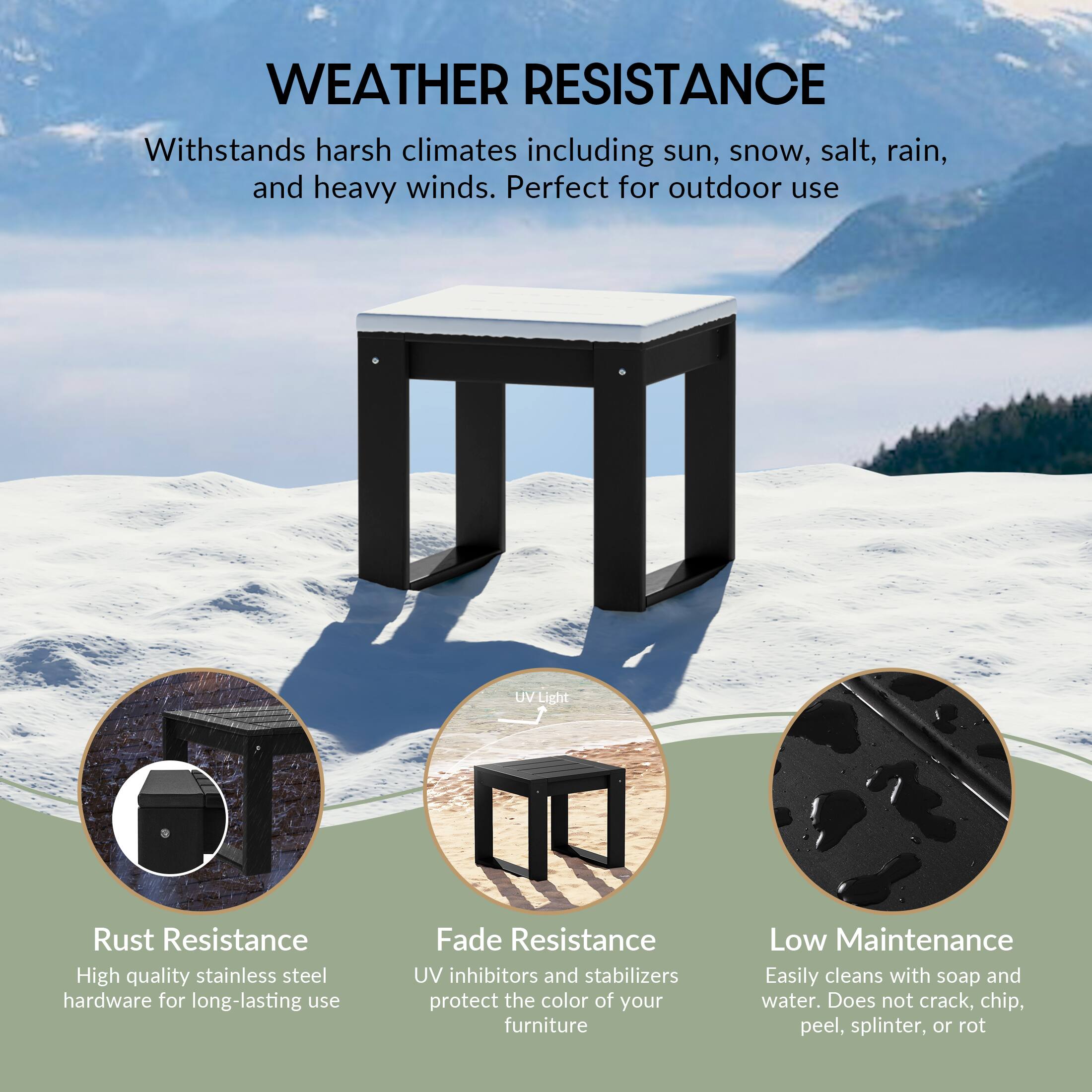 WEATHER RESISTANCE

Withstands harsh climates including sun, snow, salt, rain, and heavy winds. Perfect for outdoor use

UV Light

Rust Resistance
High quality stainless steel hardware for long-lasting use

Fade Resistance
UV inhibitors and stabilizers protect the color of your furniture

Low Maintenance
Easily cleans with soap and water. Does not crack, chip, peel, splinter, or rot