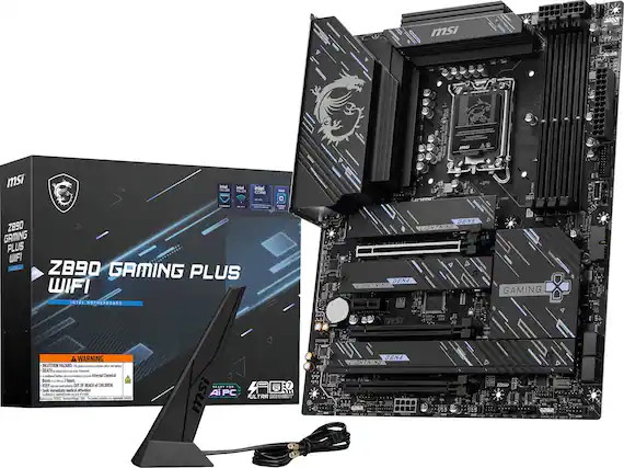 The image features a computer system, including a motherboard, a CPU, and a Wifi card. The motherboard is made by MSI, and the CPU is an Intel Core i7. The Wifi card is a Z890 Gaming Plus Wifi. The image also shows a box for the Z890 Gaming Plus Wifi.
