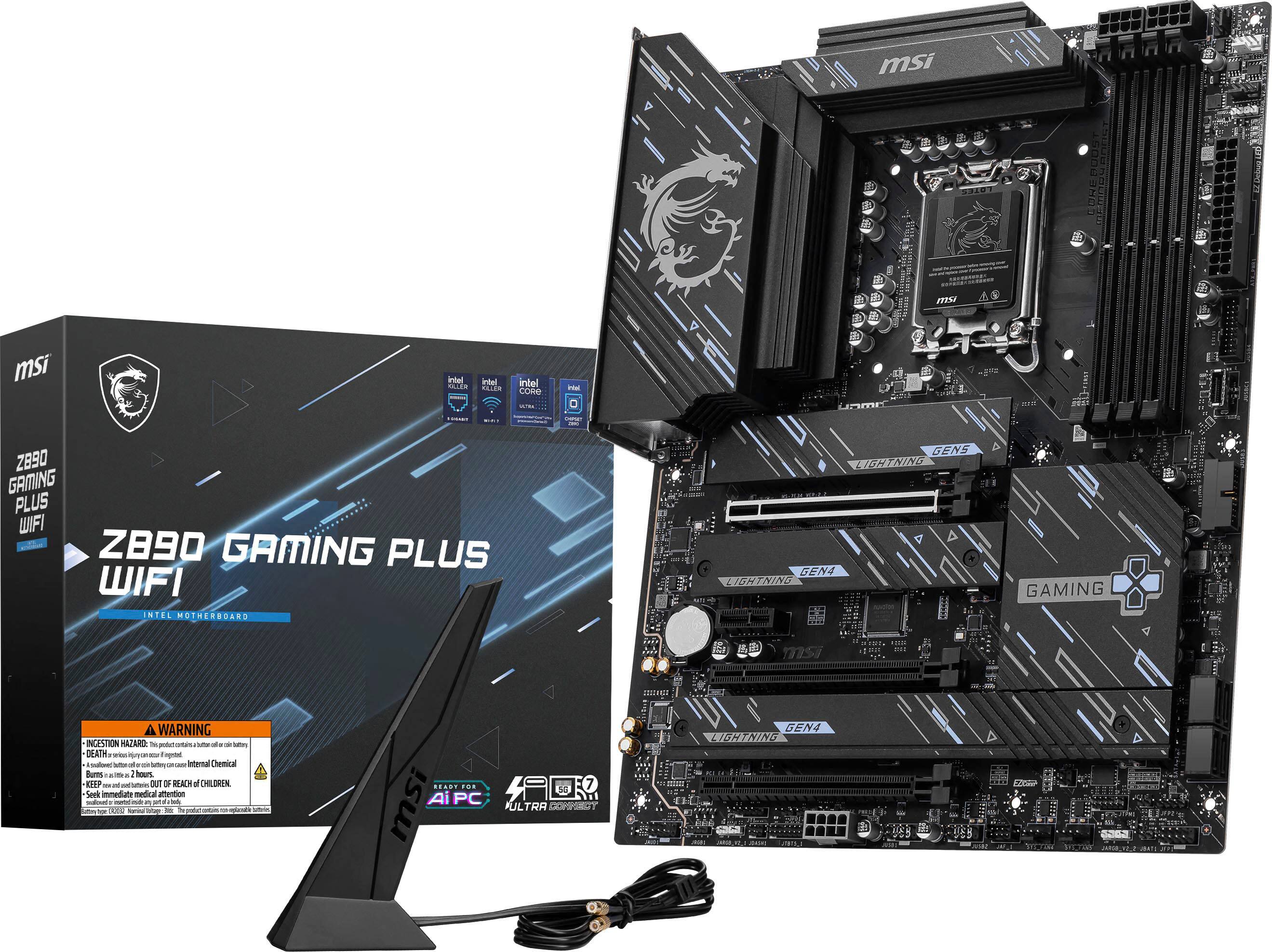 The image features a computer system, including a motherboard, a CPU, and a Wifi card. The motherboard is made by MSI, and the CPU is an Intel Core i7. The Wifi card is a Z890 Gaming Plus Wifi. The image also shows a box for the Z890 Gaming Plus Wifi.