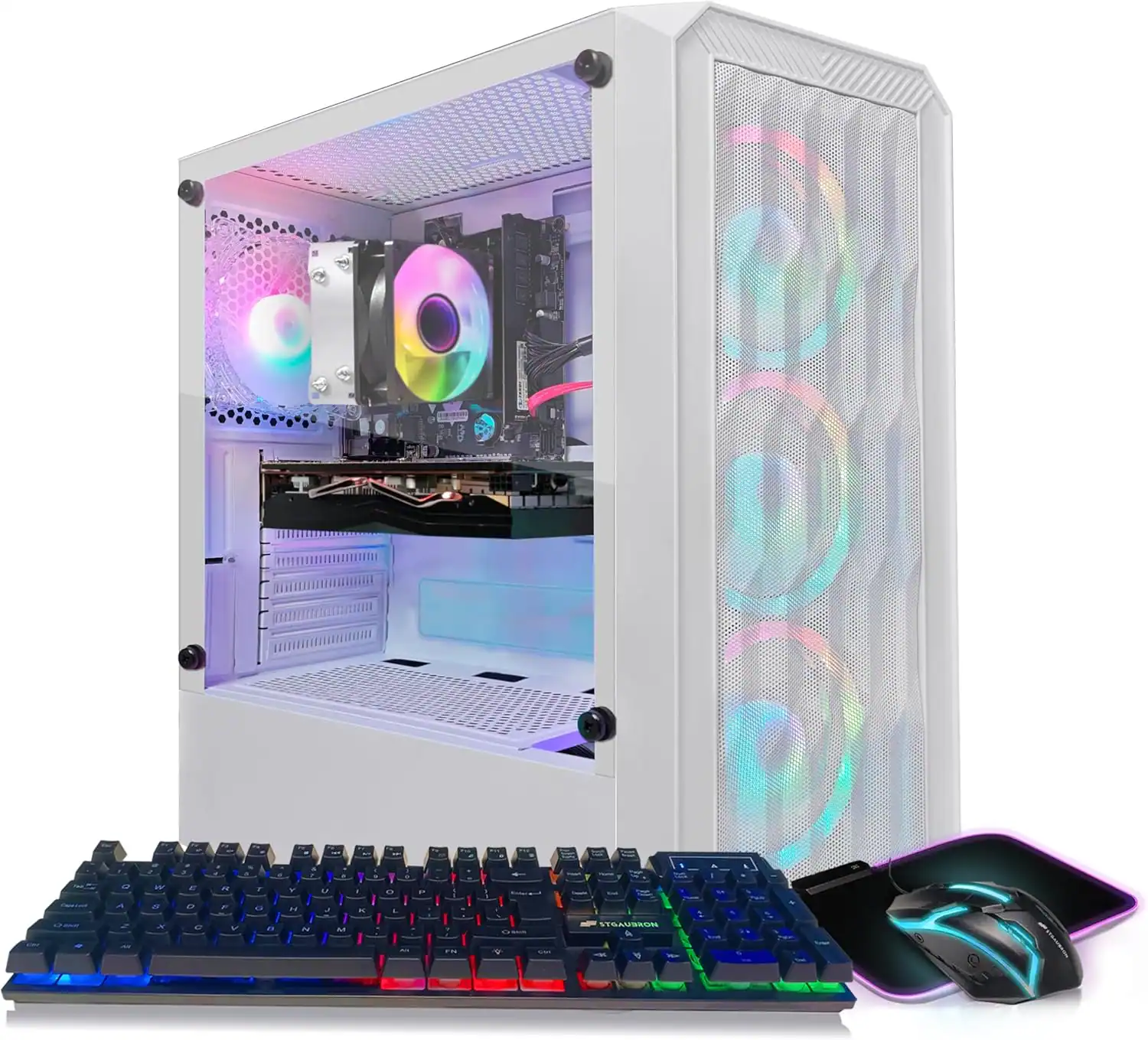Front. STGAubron - STGAubron Gaming PC Computer Desktop, AMD Athlon 3000G 3.5Ghz, Radeon RX 580 8G GDDR5, 16G DDR4 , 1T SSD, Win11 H, White - Black.