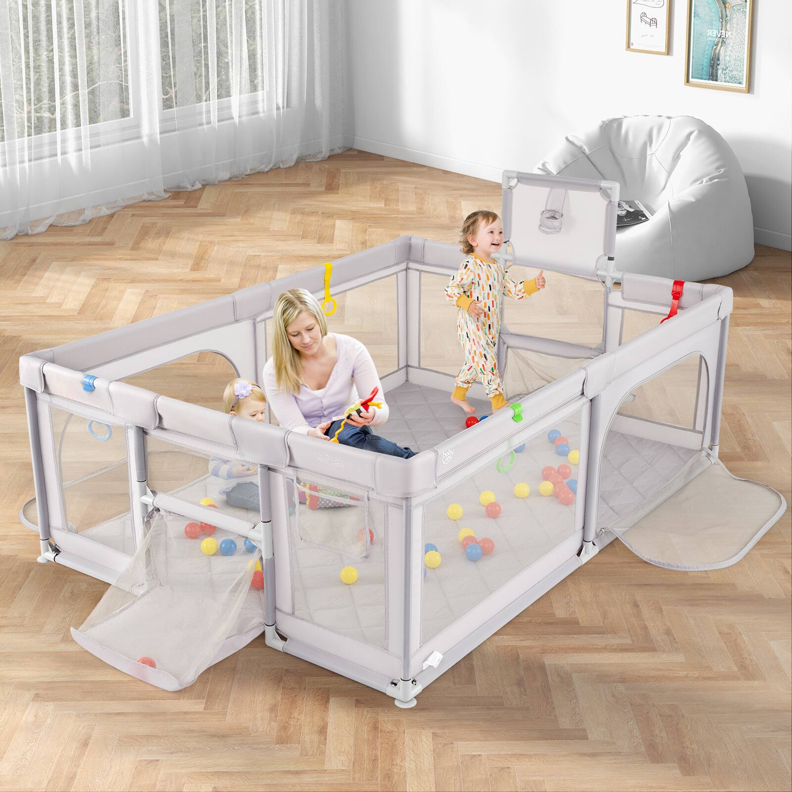Alt View 1. Gymax - Gymax 81'' x 57'' Extra Large Playpen for Babies & Toddlers w/Basketball Hoop  Gray - Gray.