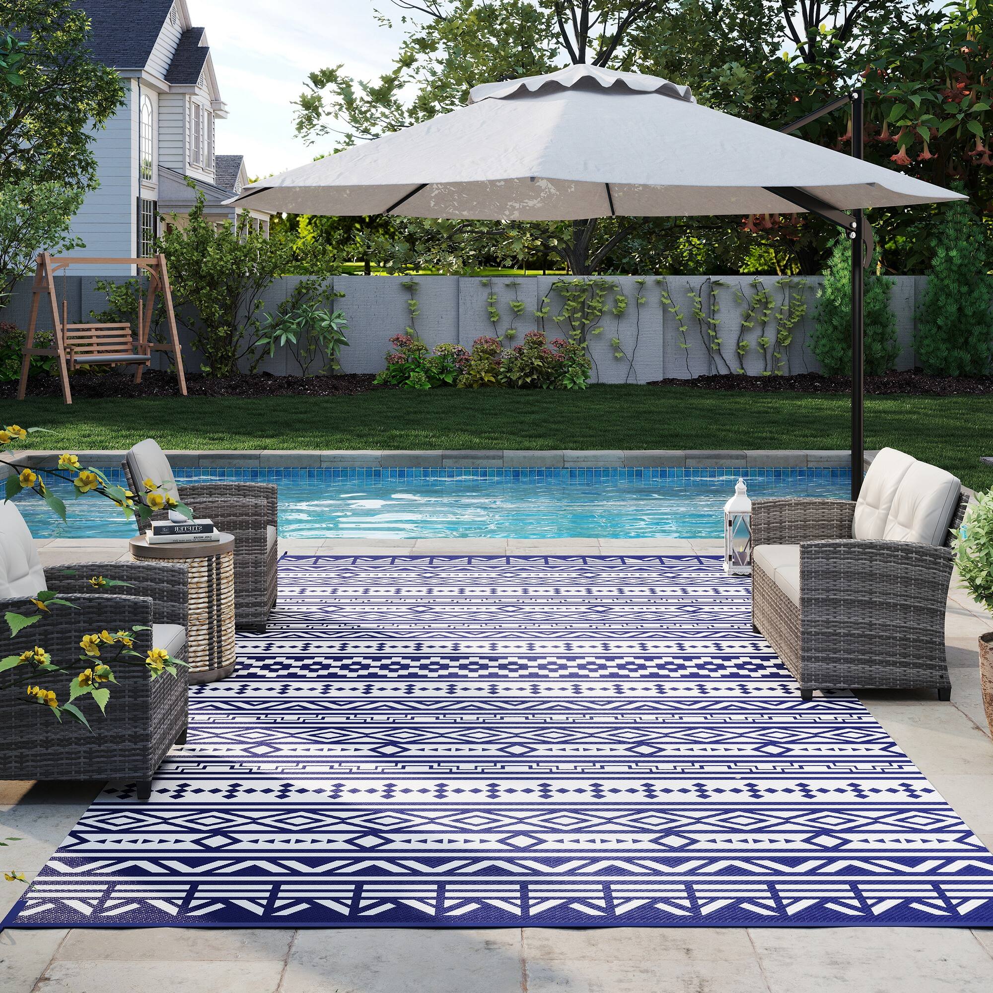 Alt View 8. Outsunny - Outdoor Rug for Patio, 9' x 18' Waterproof Large Mat, Reversible Plastic Straw Rug for Décor - Blue and White Geometric Wall.