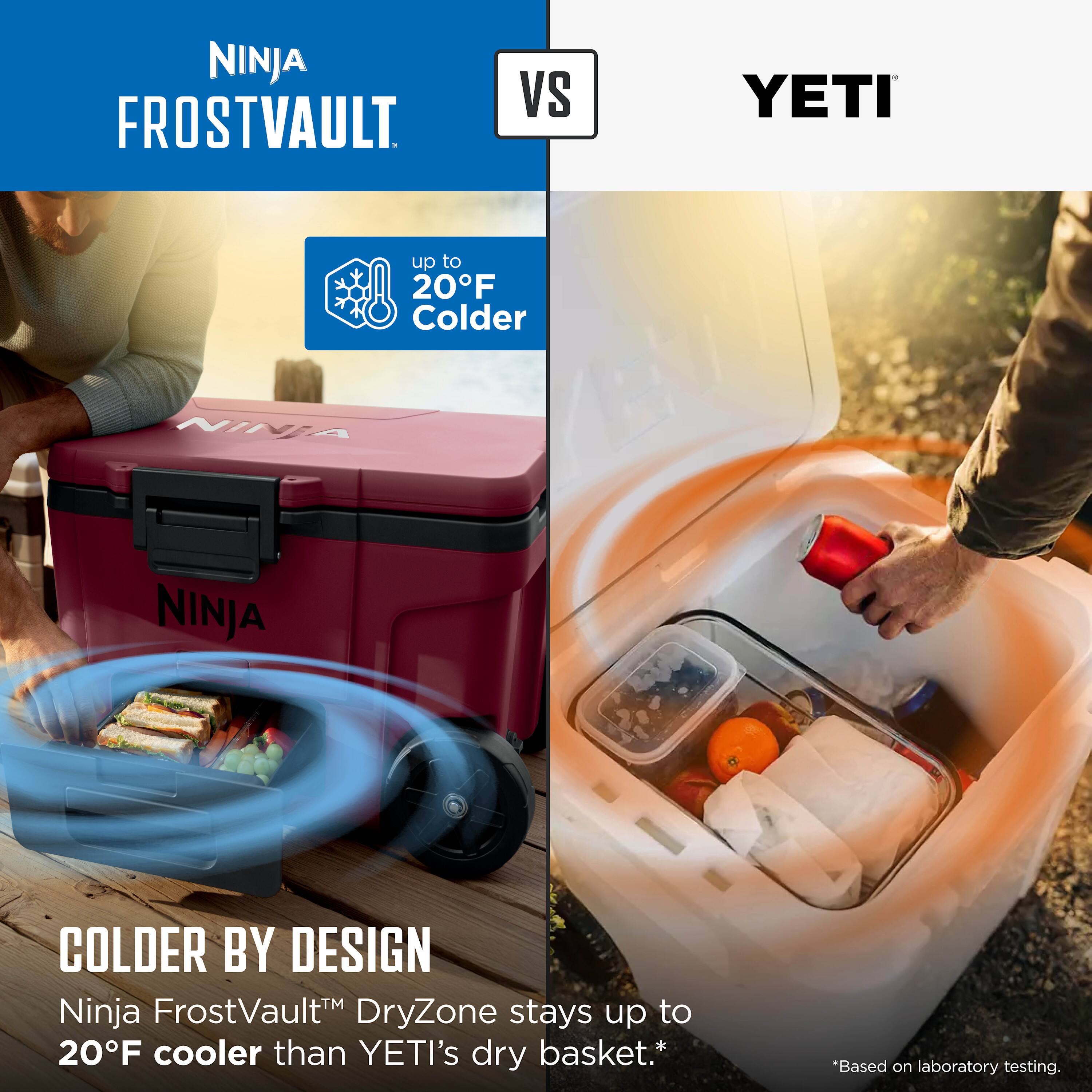 NINJA FROSTVAULT VS YETI

up to 20°F Colder

COLDER BY DESIGN

Ninja FrostVault™ DryZone stays up to 20°F cooler than YETI's dry basket.*

*Based on laboratory testing.