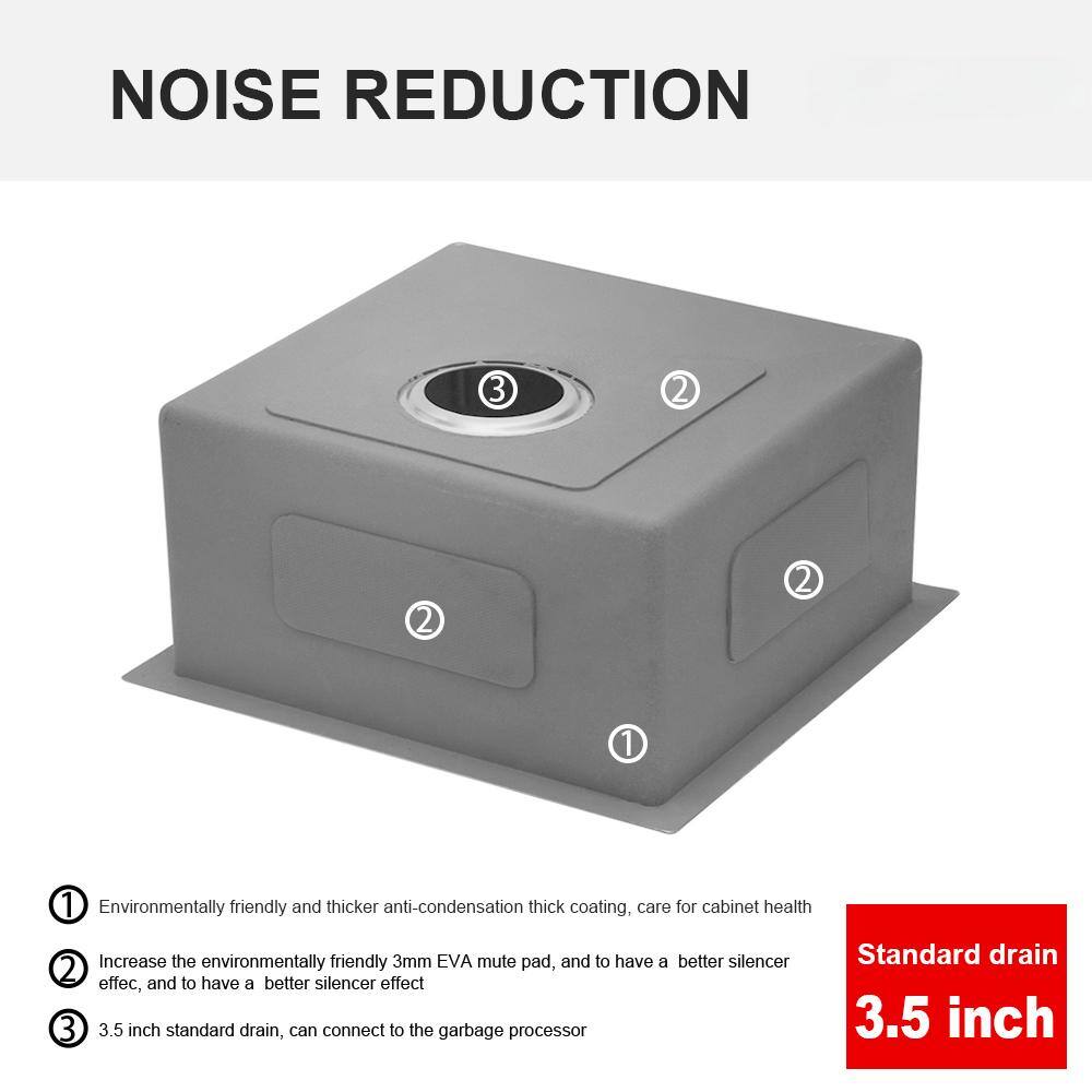 **NOISE REDUCTION**

1. Environmentally friendly and thicker anti-condensation thick coating, care for cabinet health
2. Increase the environmentally friendly 3mm EVA mute pad, and to have a better silencer effect
3. 3.5 inch standard drain, can connect to the garbage processor

**Standard drain 3.5 inch**