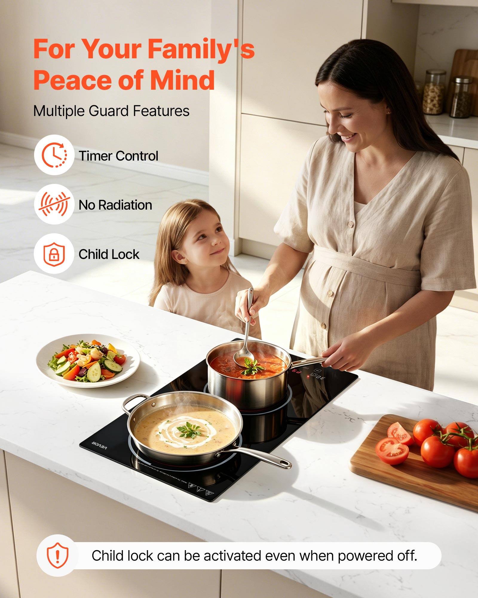 For Your Family's Peace of Mind  
Multiple Guard Features  
- Timer Control  
- No Radiation  
- Child Lock  

Child lock can be activated even when powered off.