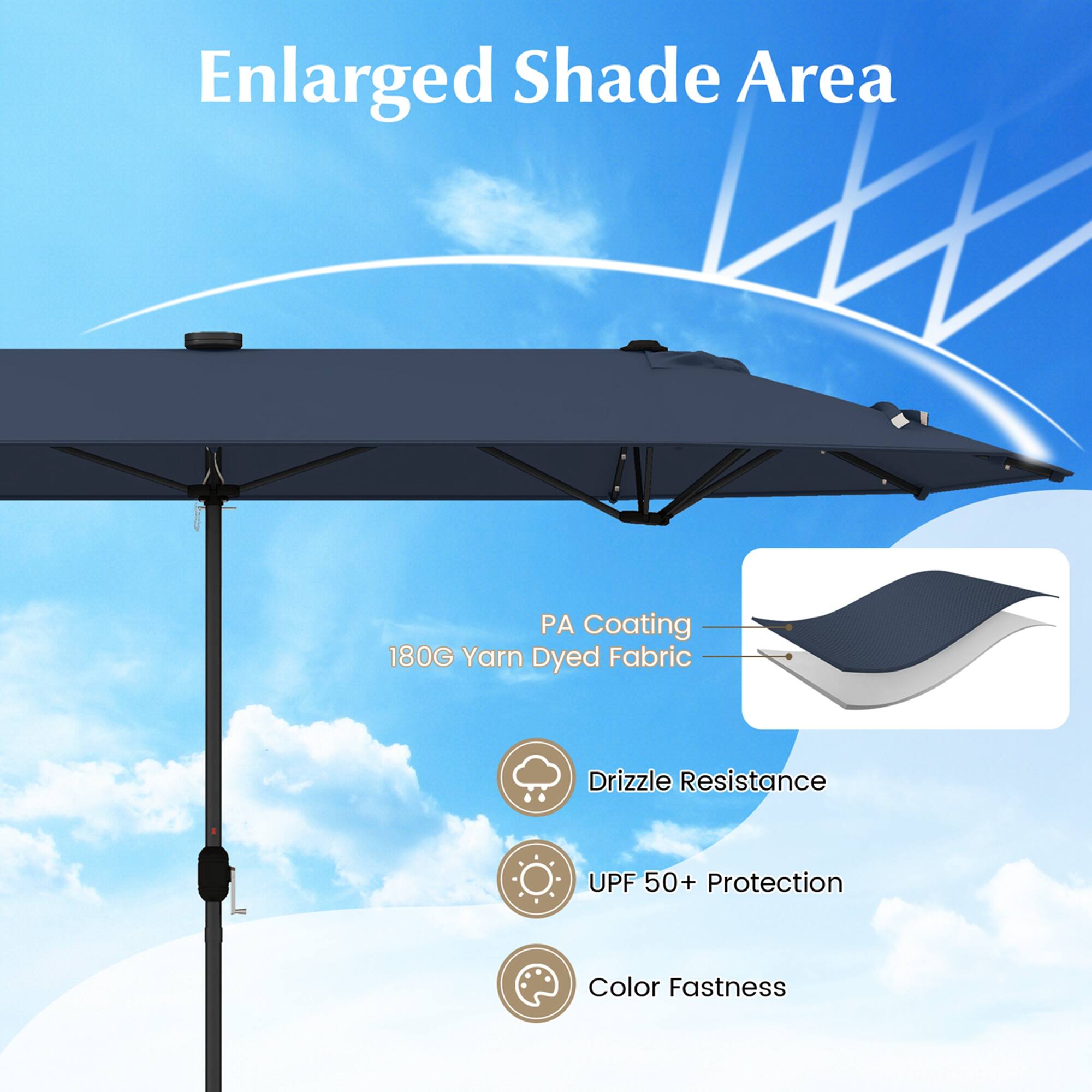 Enlarged Shade Area

PA Coating  
180G Yarn Dyed Fabric

Drizzle Resistance  
UPF 50+ Protection  
Color Fastness