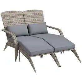 Outsunny - Wicker Adirondack Chair for 2 with Cushions & Footrests, PE Rattan Double Chaise Lounge Chair - Gray