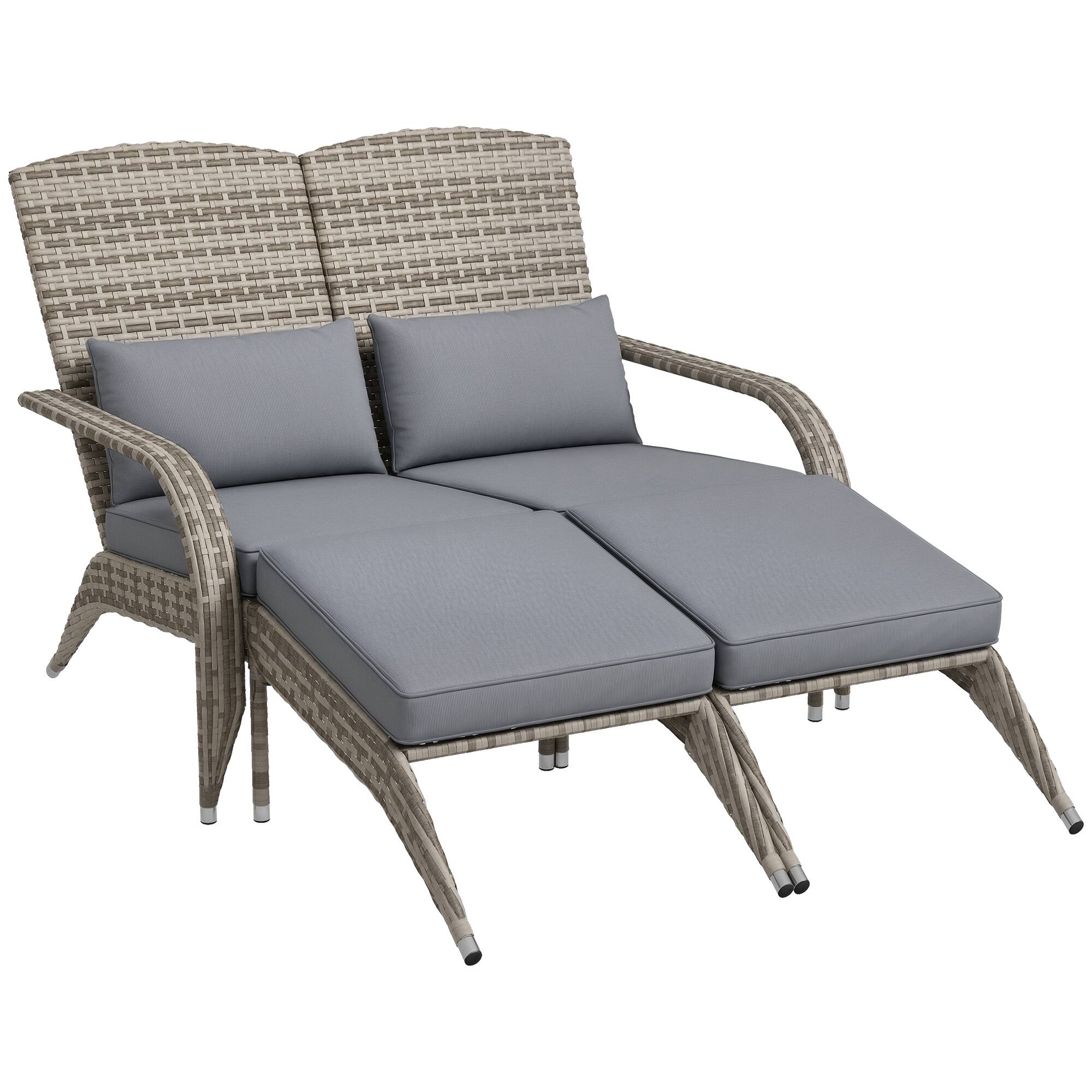 Front. Outsunny - Wicker Adirondack Chair for 2 with Cushions & Footrests, PE Rattan Double Chaise Lounge Chair - Gray.