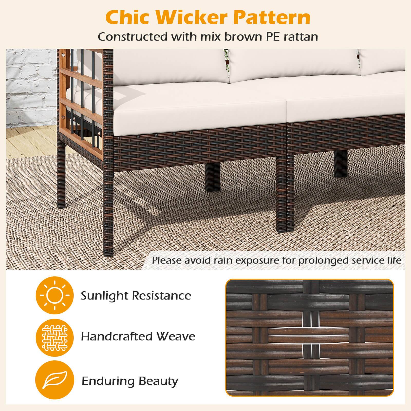 Chic Wicker Pattern  
Constructed with mix brown PE rattan  

Please avoid rain exposure for prolonged service life  

Sunlight Resistance  
Handcrafted Weave  
Enduring Beauty