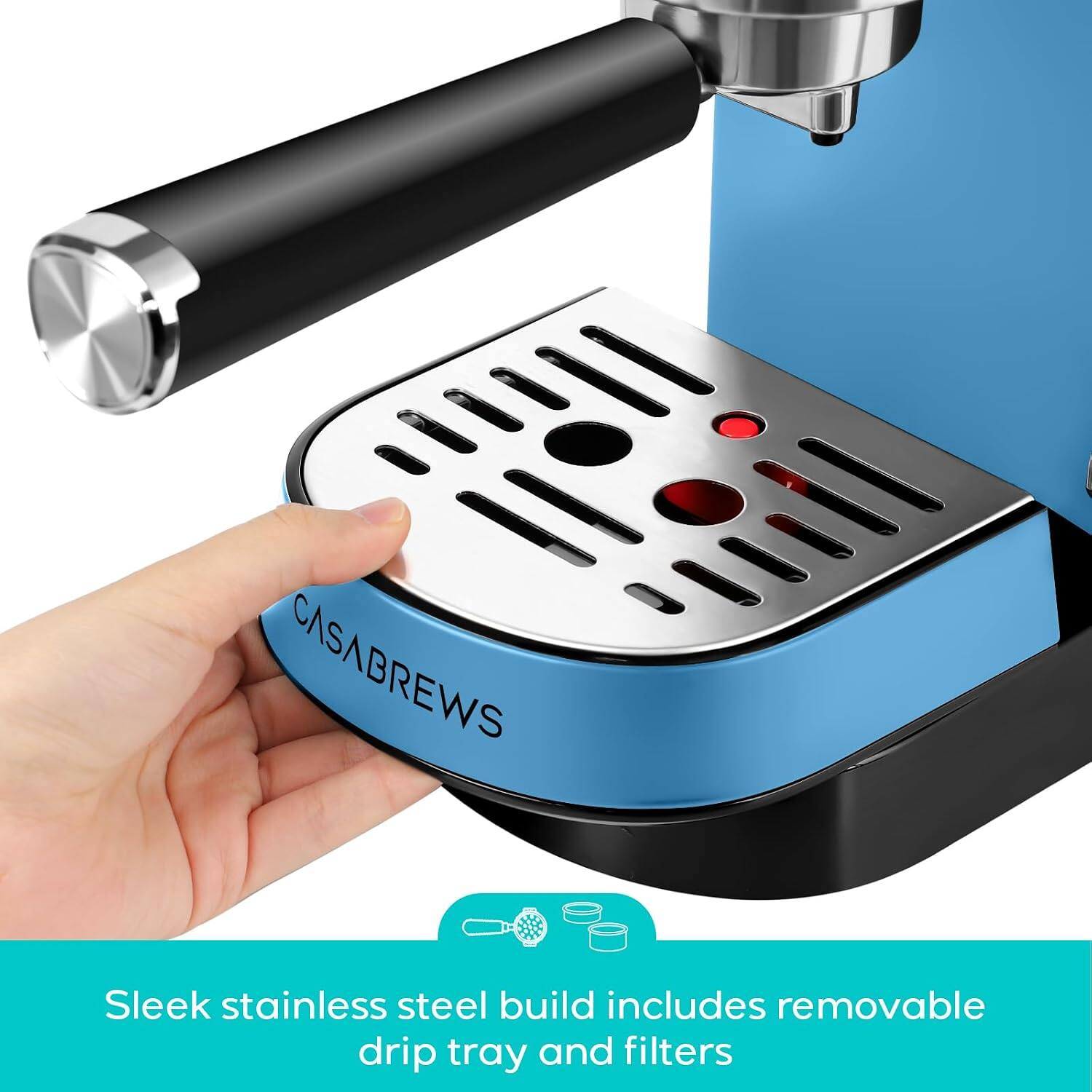 CASABREWS Sleek stainless steel build includes removable drip tray and filters