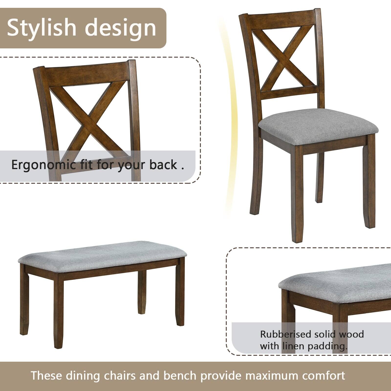 Stylish design  
Ergonomic fit for your back  
Rubberised solid wood with linen padding  
These dining chairs and bench provide maximum comfort