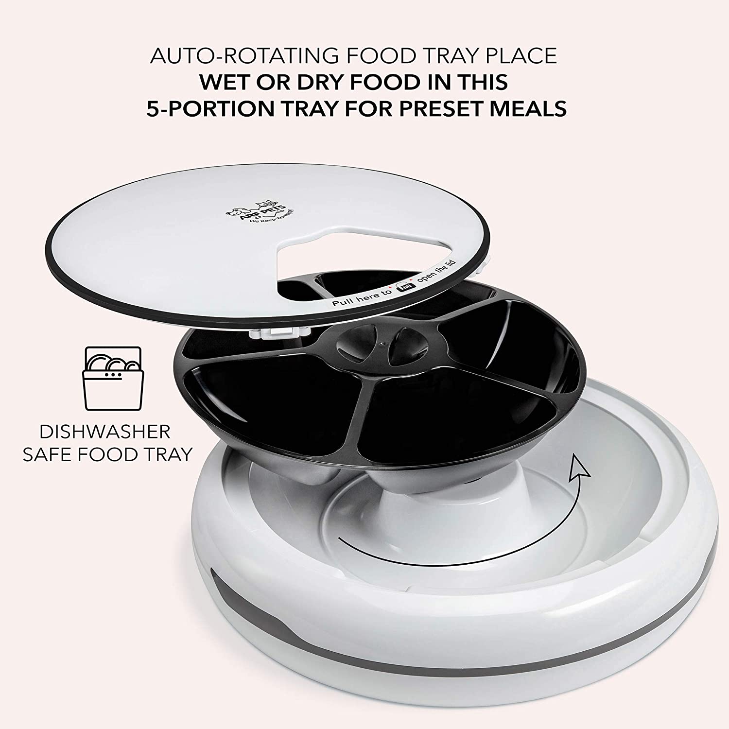 AUTO-ROTATING FOOD TRAY PLACE WET OR DRY FOOD IN THIS 5-PORTION TRAY FOR PRESET MEALS

DISHWASHER SAFE FOOD TRAY

Pull here to open