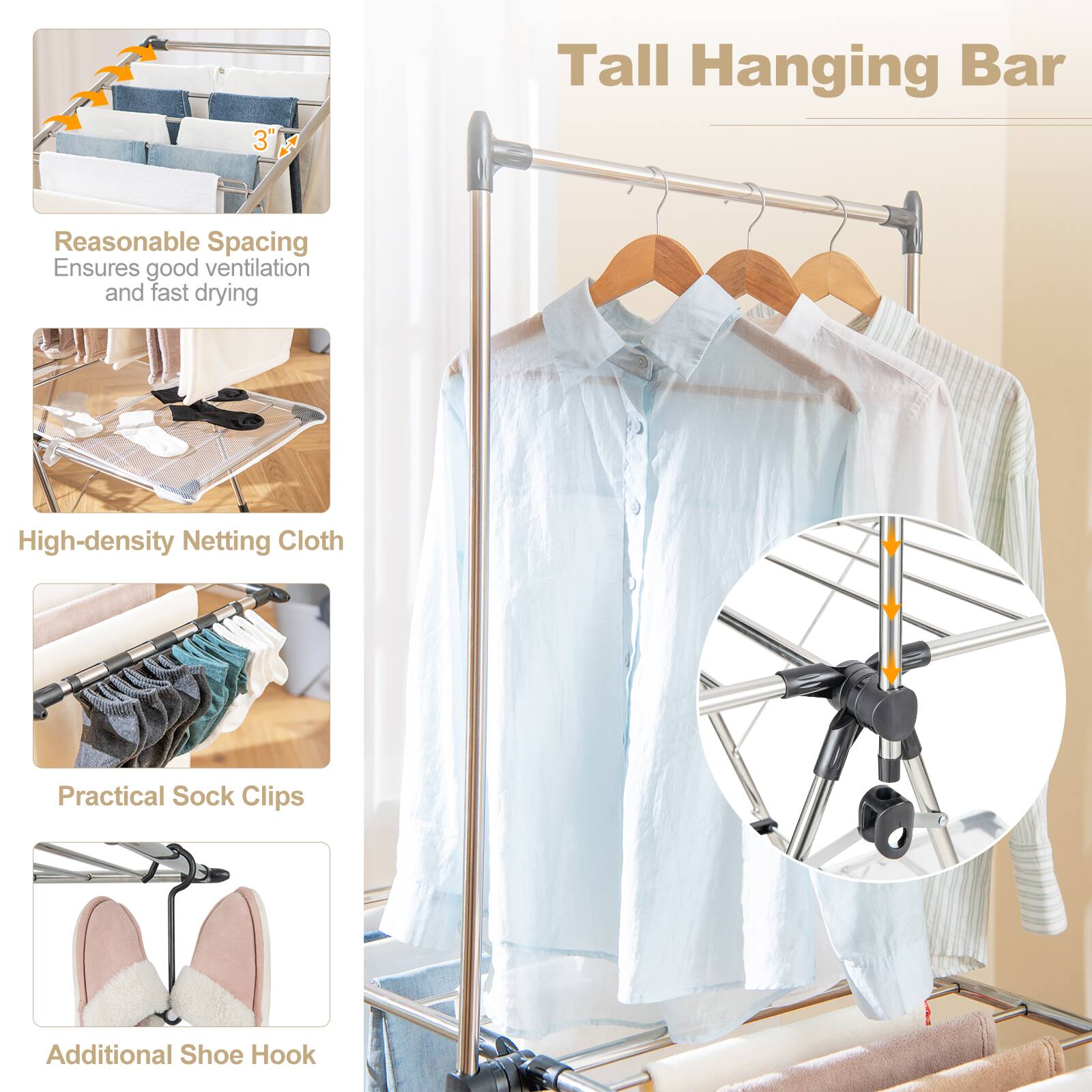 Tall Hanging Bar

- 3" Tall
- Reasonable Spacing: Ensures good ventilation and fast drying
- High-density Netting Cloth
- Practical Sock Clips
- Additional Shoe Hook
