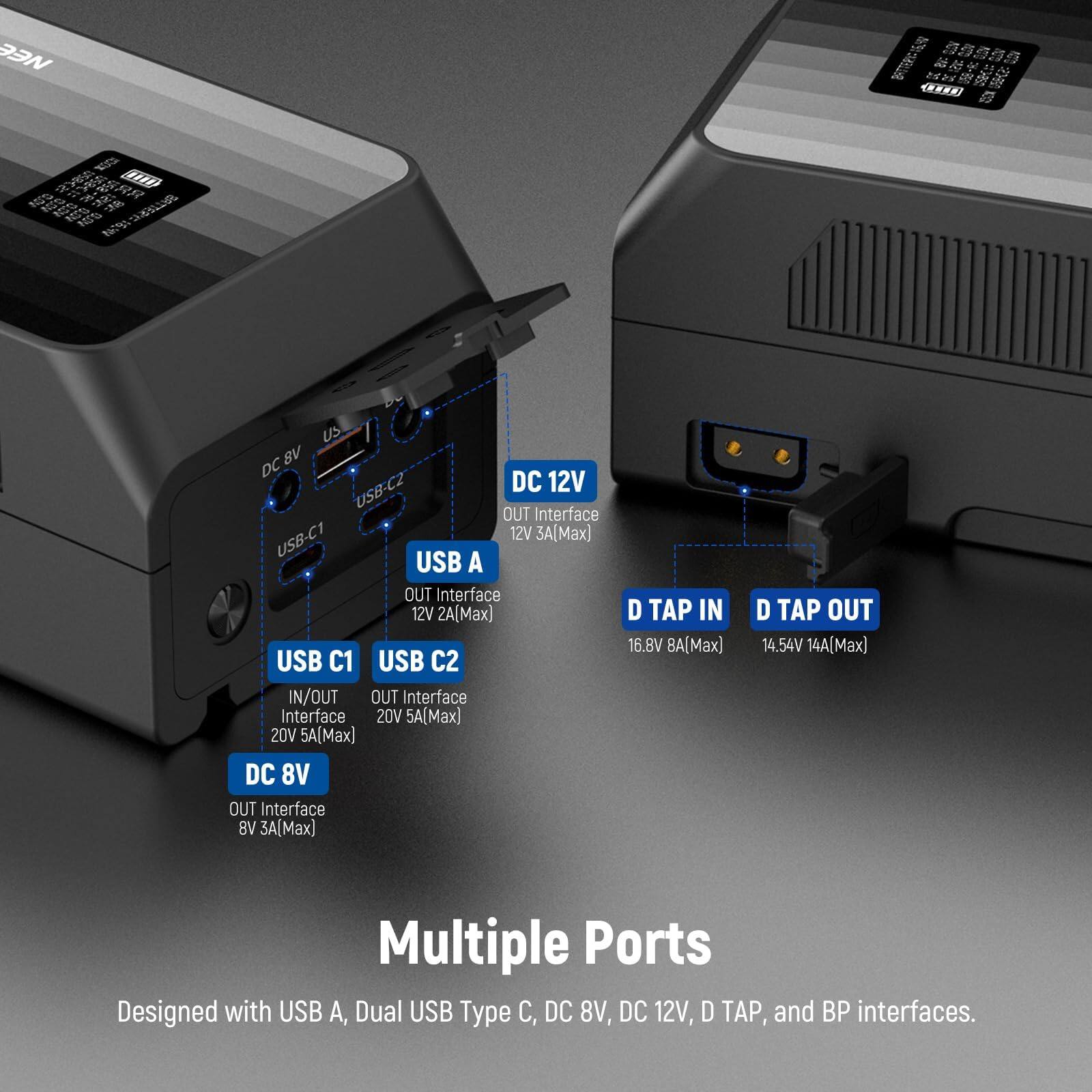 Multiple Ports  
Designed with USB A, Dual USB Type C, DC 8V, DC 12V, D TAP, and BP interfaces.