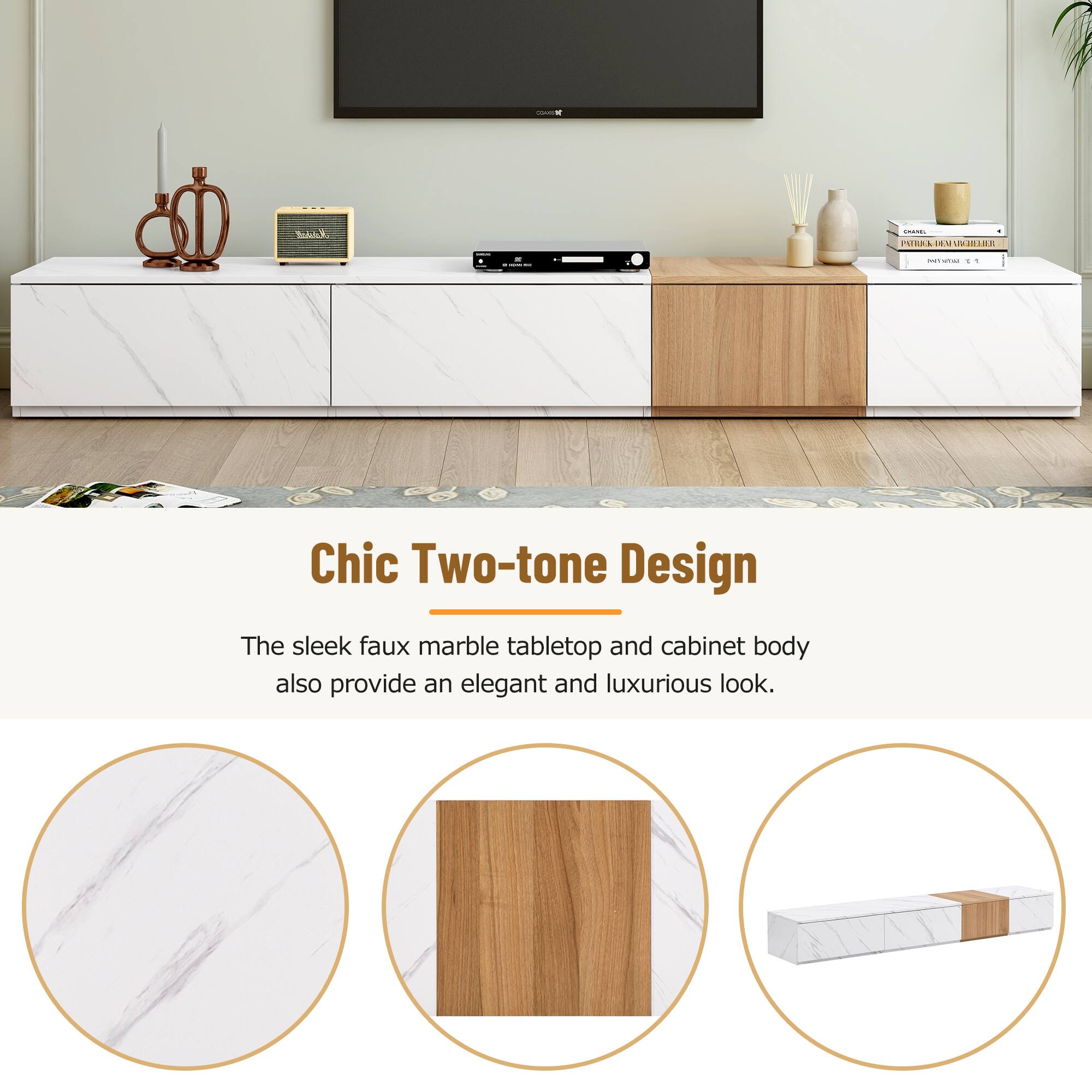 Chic Two-tone Design

The sleek faux marble tabletop and cabinet body also provide an elegant and luxurious look.