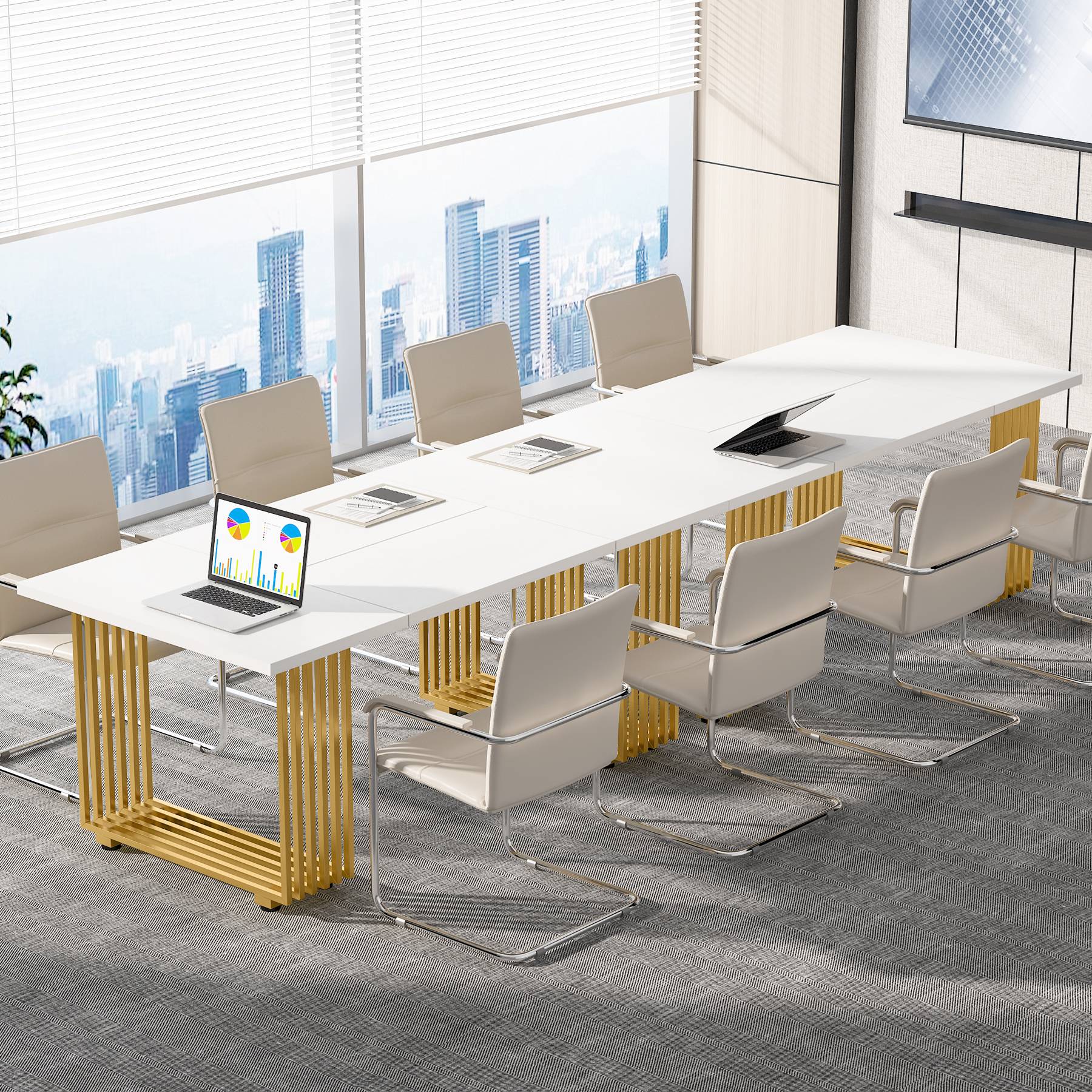 Alt View 3. Tribesigns - Modern Conference Table with Engineered Wood Construction and Adjustable Feet for Home Office and Study - White.