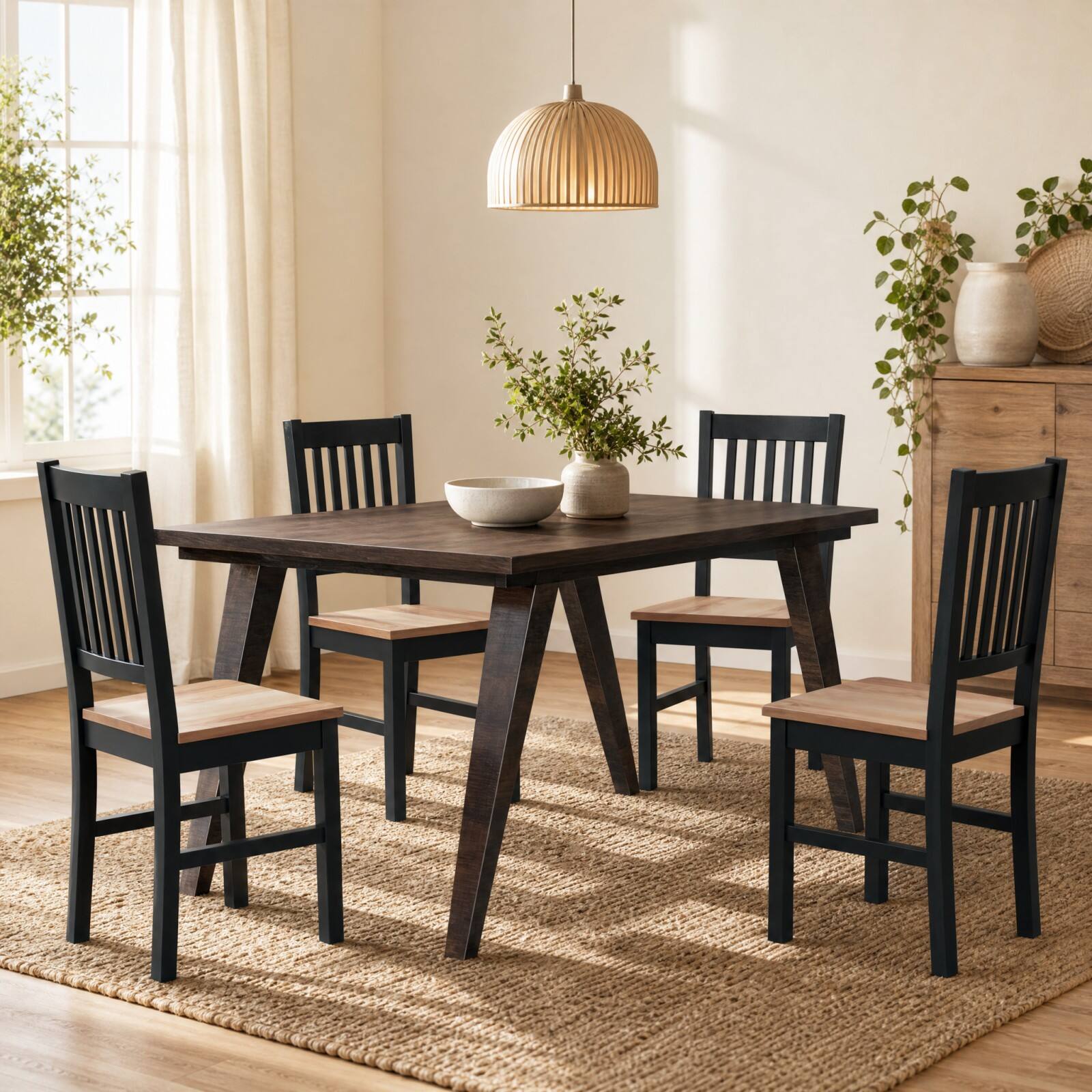 Alt View 3. Costway - Costway Set of 4 Dining Chair Kitchen Spindle Back Side Chair with Solid Wooden Legs - Black Base and Walnut Seat.
