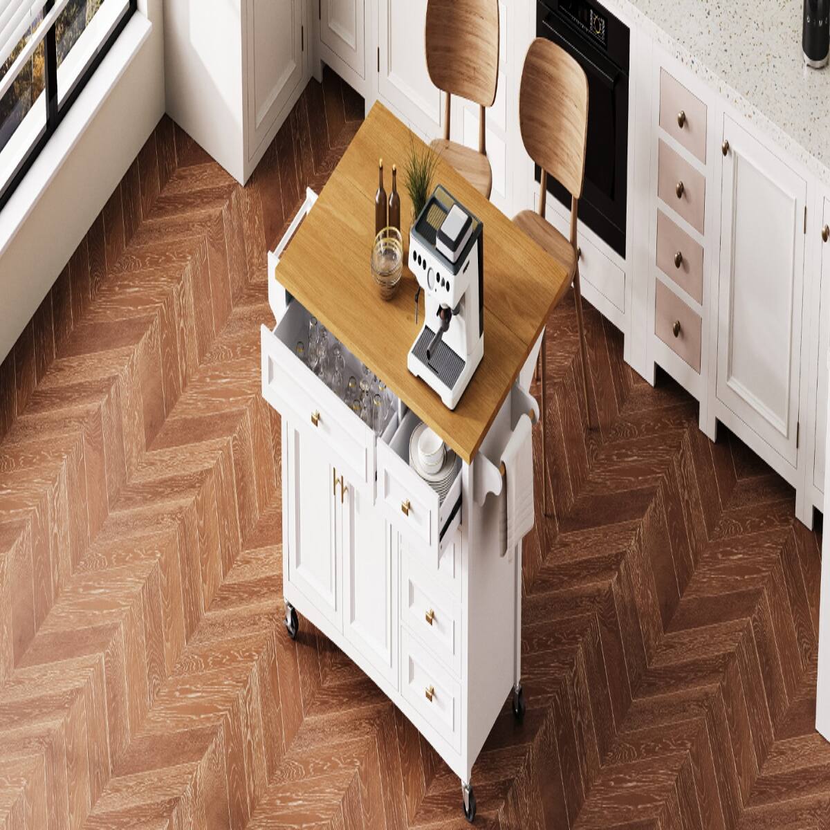Alt View 3. Loheer - Loheer 52 inch kitchen island with drop leaf white rolling kitchen cart with spice rack - White.