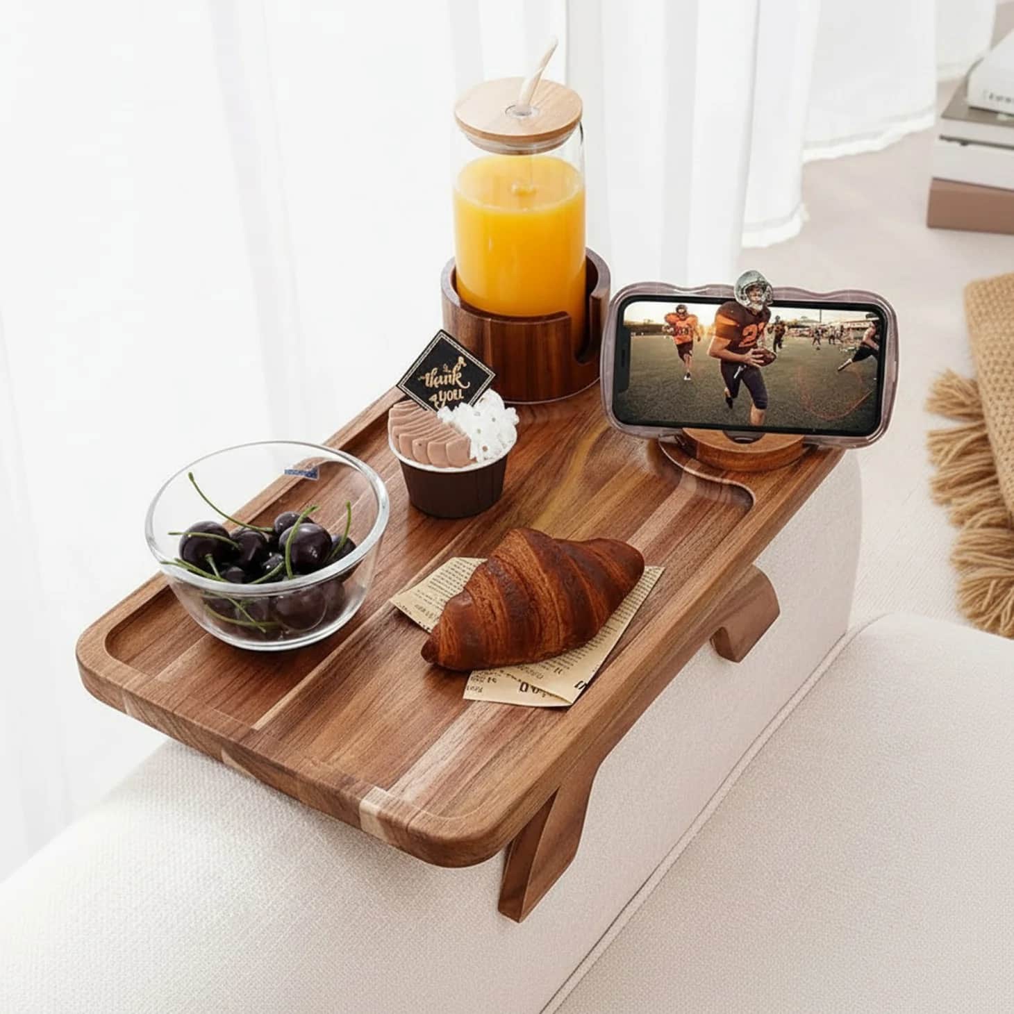 Anysun - 3-in-1 Clip-On Sofa Armrest Tray - Rotating Cup Holder & Phone Stand - Brown