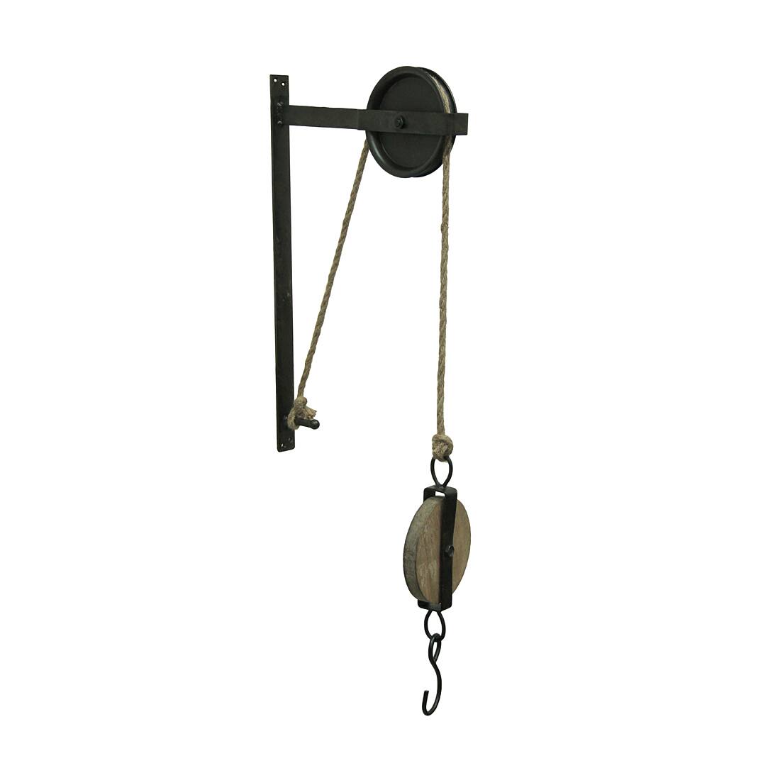 Alt View 1. Zeckos - Rustic Vintage Style Metal and Wood Pulley and Hook Wall Hanging - Black.