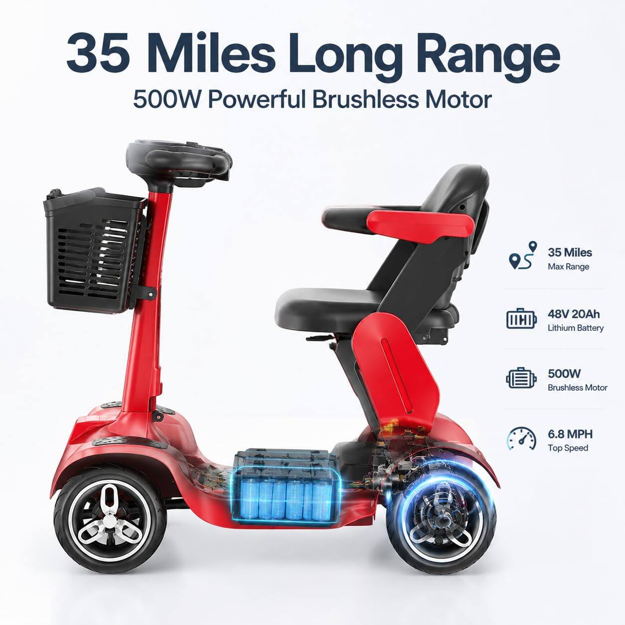 35 Miles Long Range  
500W Powerful Brushless Motor  
35 Miles Max Range  
48V 20Ah Lithium Battery  
500W Brushless Motor  
6.8 MPH Top Speed