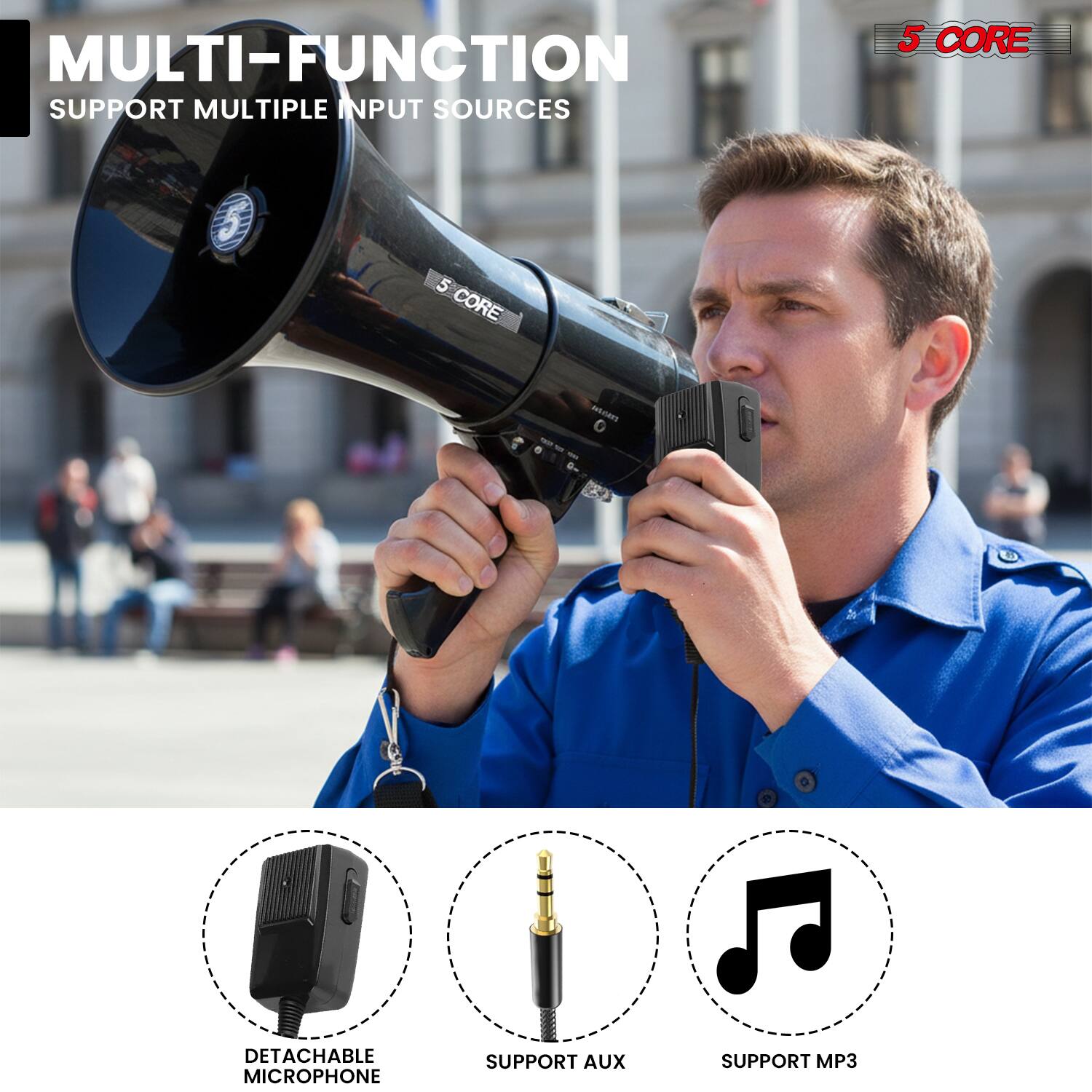MULTI-FUNCTION SUPPORT MULTIPLE INPUT SOURCES

5 CORE

- DETACHABLE MICROPHONE
- SUPPORT AUX
- SUPPORT MP3