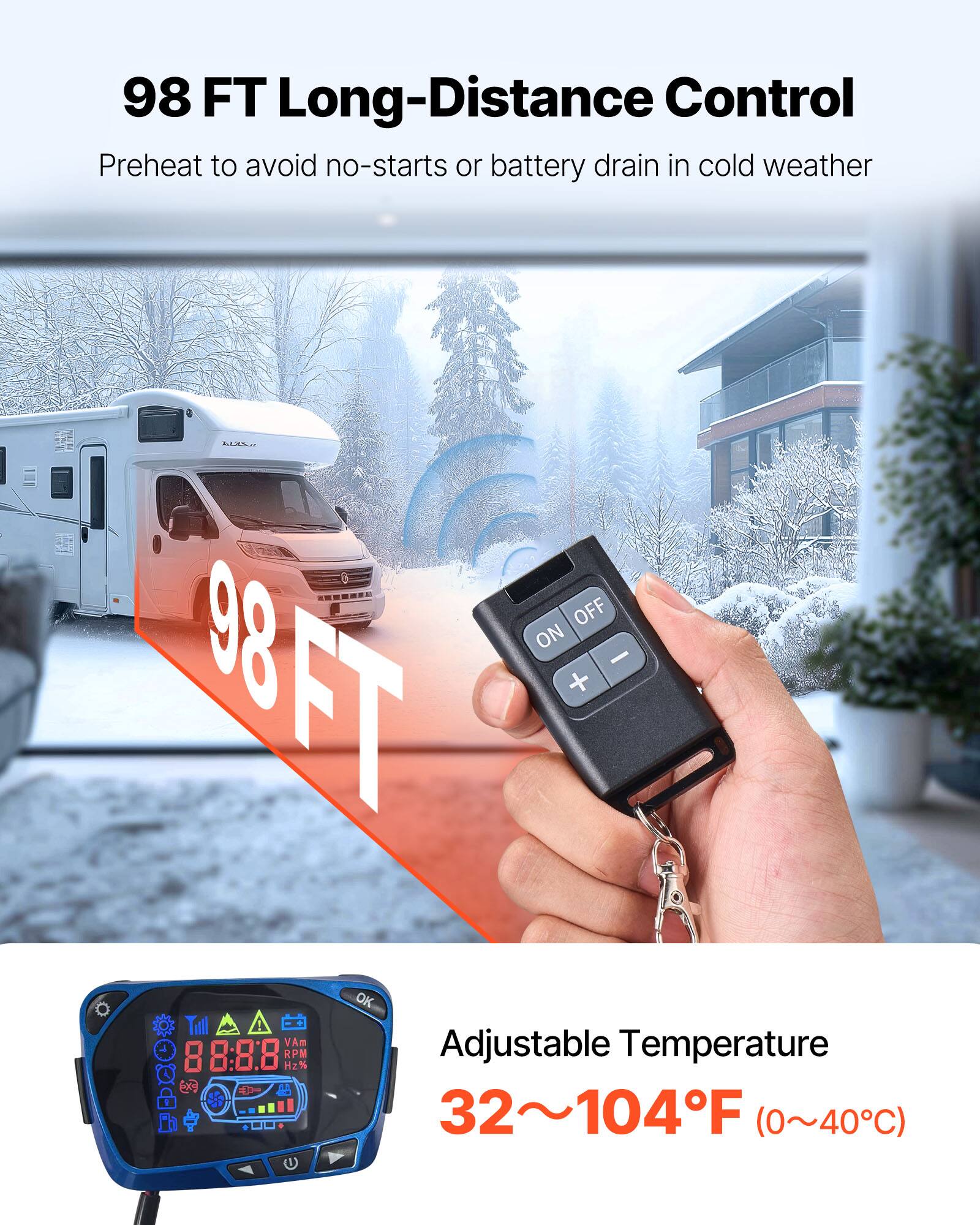 98 FT Long-Distance Control  
Preheat to avoid no-starts or battery drain in cold weather  

OFF ON - 98FT + OK  

VAm Adjustable Temperature  
32~104°F (0~40°C)