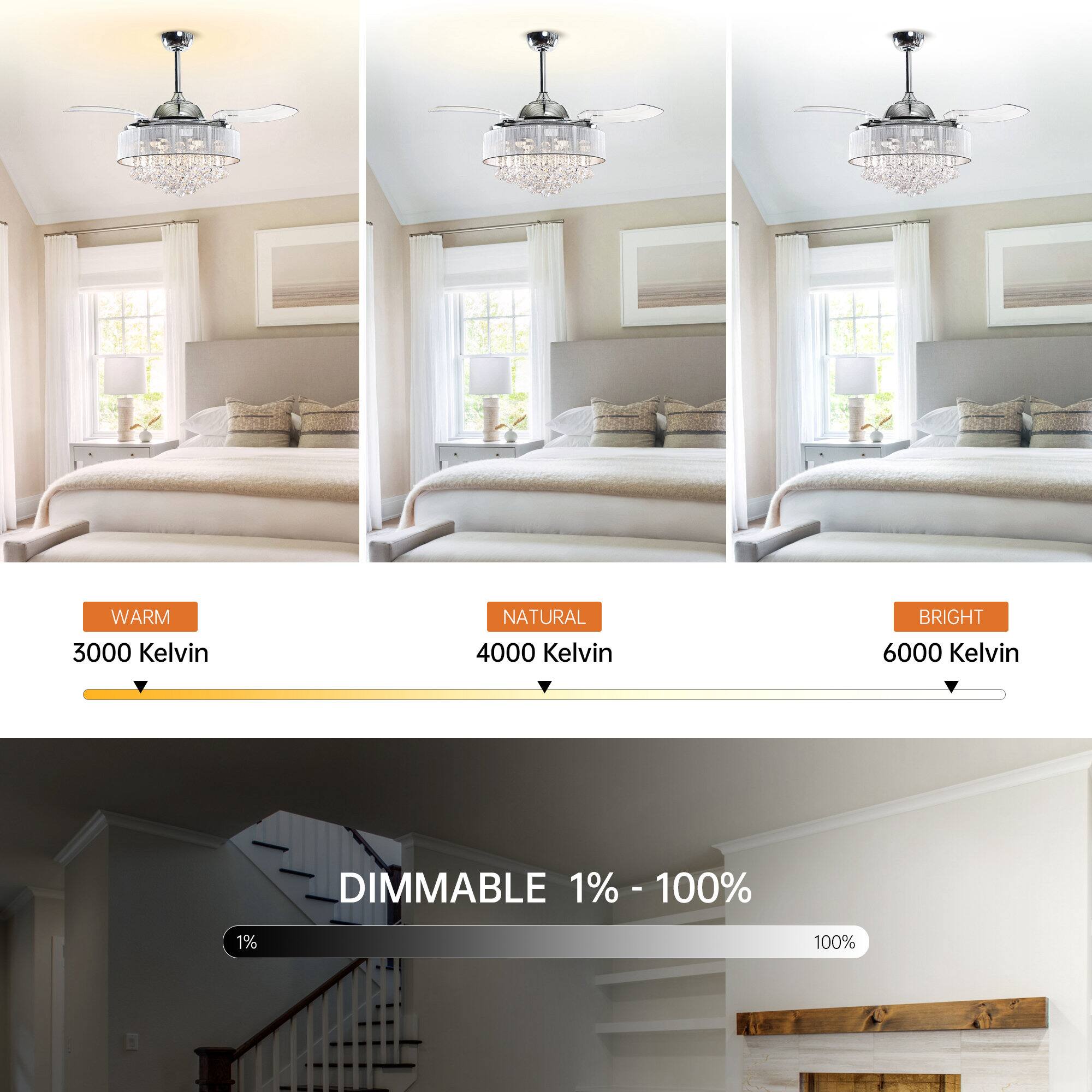 WARM 3000 Kelvin  
NATURAL 4000 Kelvin  
BRIGHT 6000 Kelvin  

DIMMABLE 1% - 100%