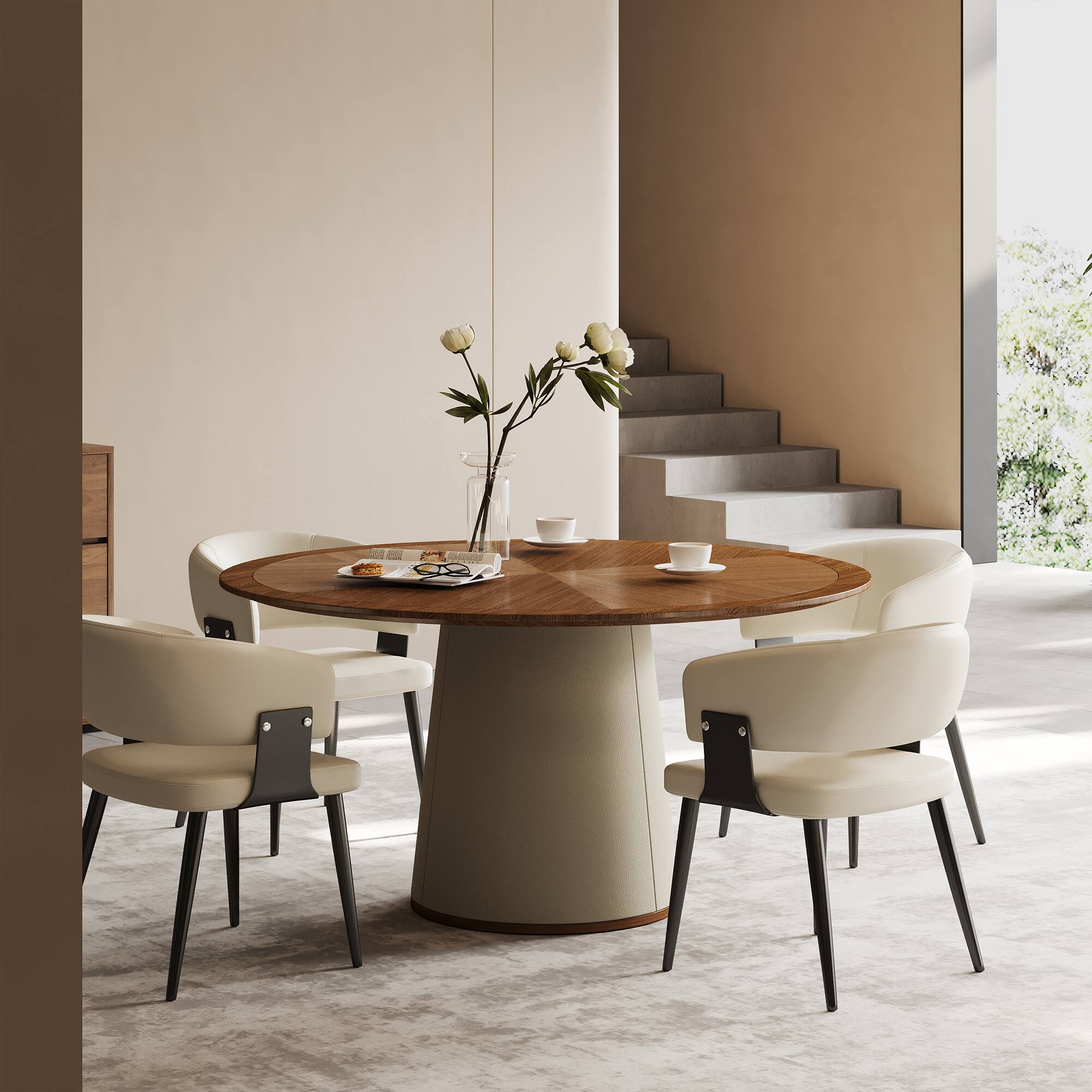 Left. luck idea - 59.05" Round dining table, suitable for 6-8 people,Modern Mid-Century Kitchen Dinner Tables - Walnut color.