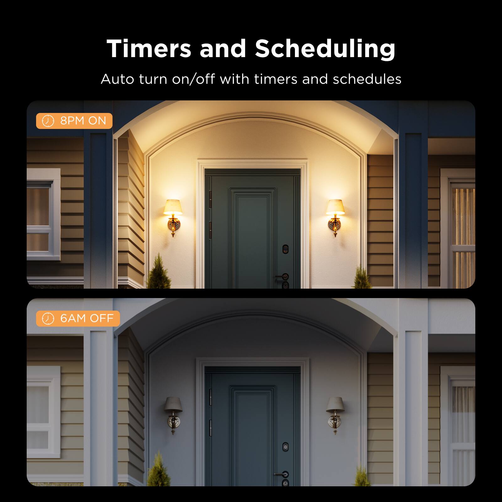 Timers and Scheduling

Auto turn on/off with timers and schedules

8PM ON

6AM OFF