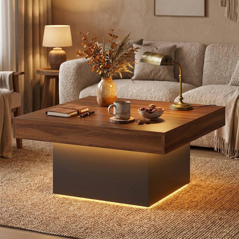 Alt View 4. WELLFOR - 35.5" Square Coffee Table with LED Lights and Dynamic Modes, Modern Thick Tabletop Wooden Center Table - Rustic Brown.