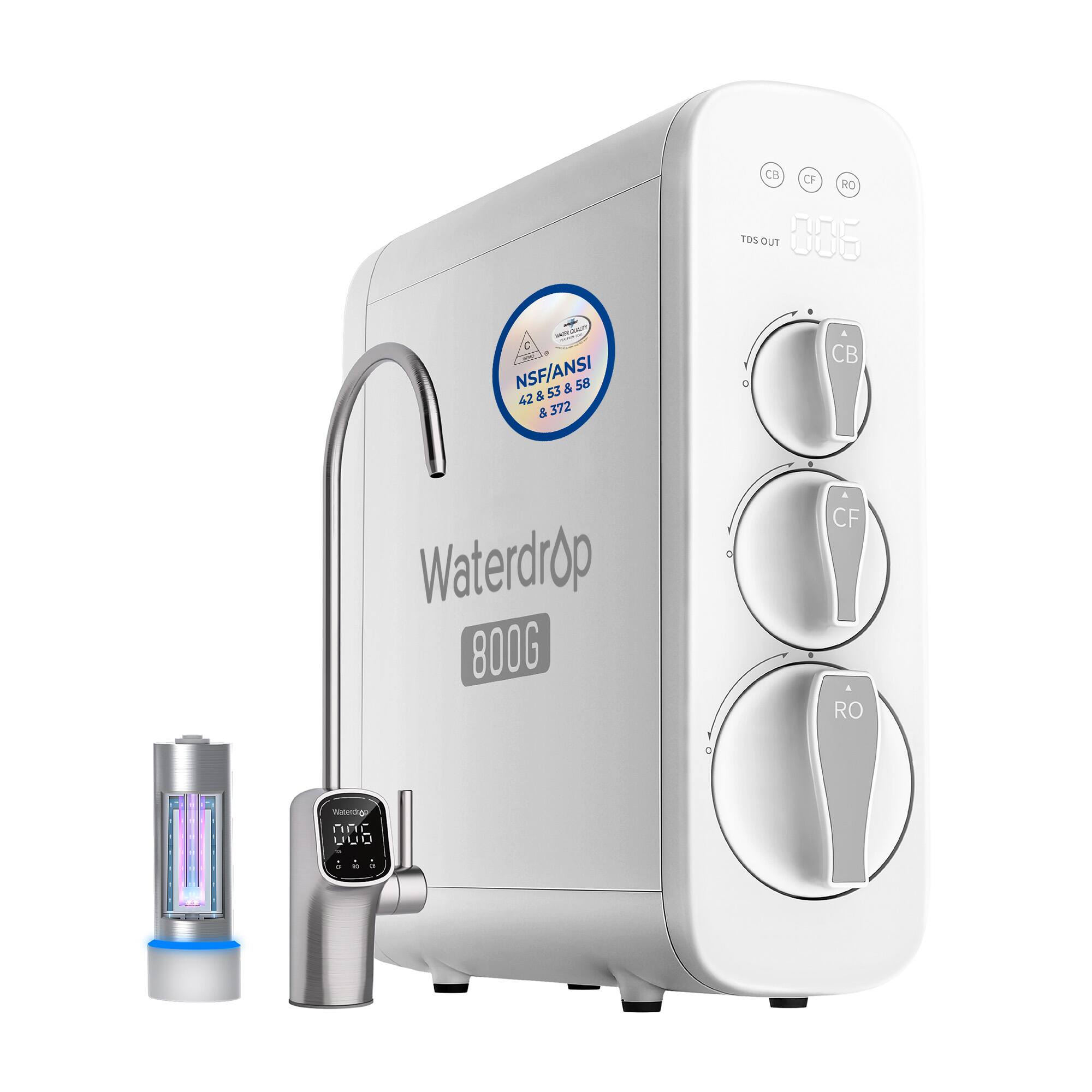 Waterdrop - WD-G3P800 Reverse Osmosis System, 800 GPD Fast Flow, NSF/ANSI 42 & 53 & 58 & 372 Certified, 3:1 Pure to Drain - White