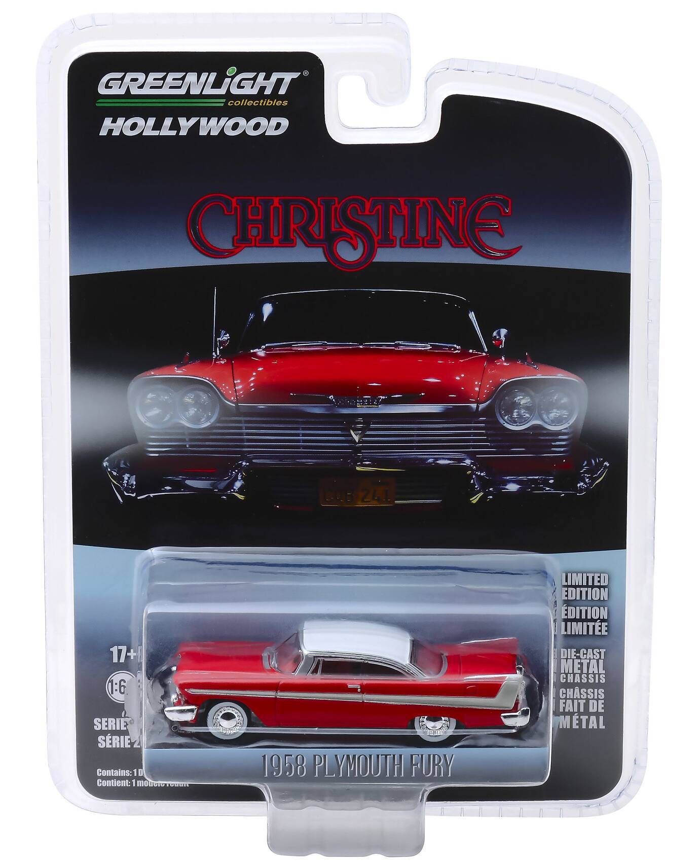 GREENLIGHT collectibles  
HOLLYWOOD  
CHRISTINE  

17+  
1:6  
SERIE 241  

Contains: 1 D  
Contient: 1 mouoro  

1958 PLYMOUTH FURY  
LIMITED EDITION  
DIE-CAST METAL CHASSIS  
CHASSIS FAIT DE MÉTAL