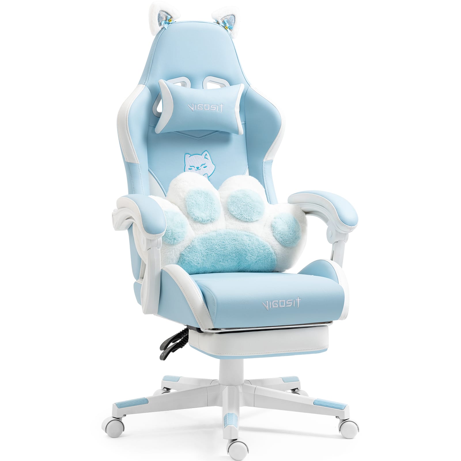 Aukfa - Cute Cat Gaming Chair with Paw Lumbar Cushion - PC Video Gamer Chair for Girl Teen Woman - Blue