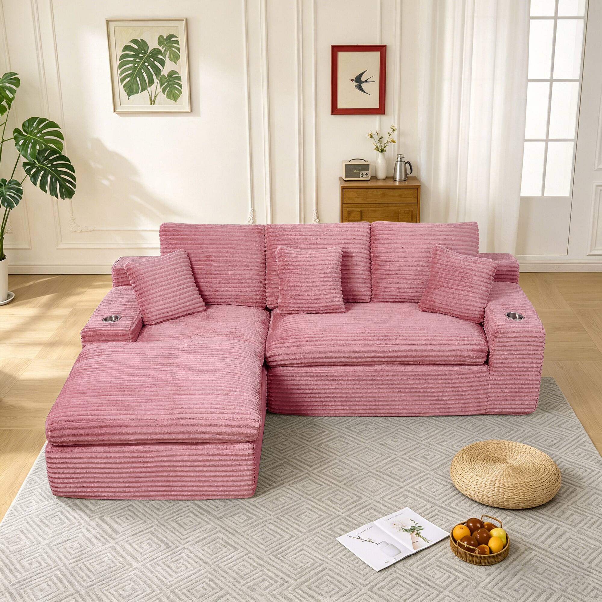 Angle. Electra Tech Xpress - 98" Cloud Sectional Couch with Deep Seat,Boneless L Shape Sofa Couch for Living Room Bedroom, No Assembly Require - Pink.