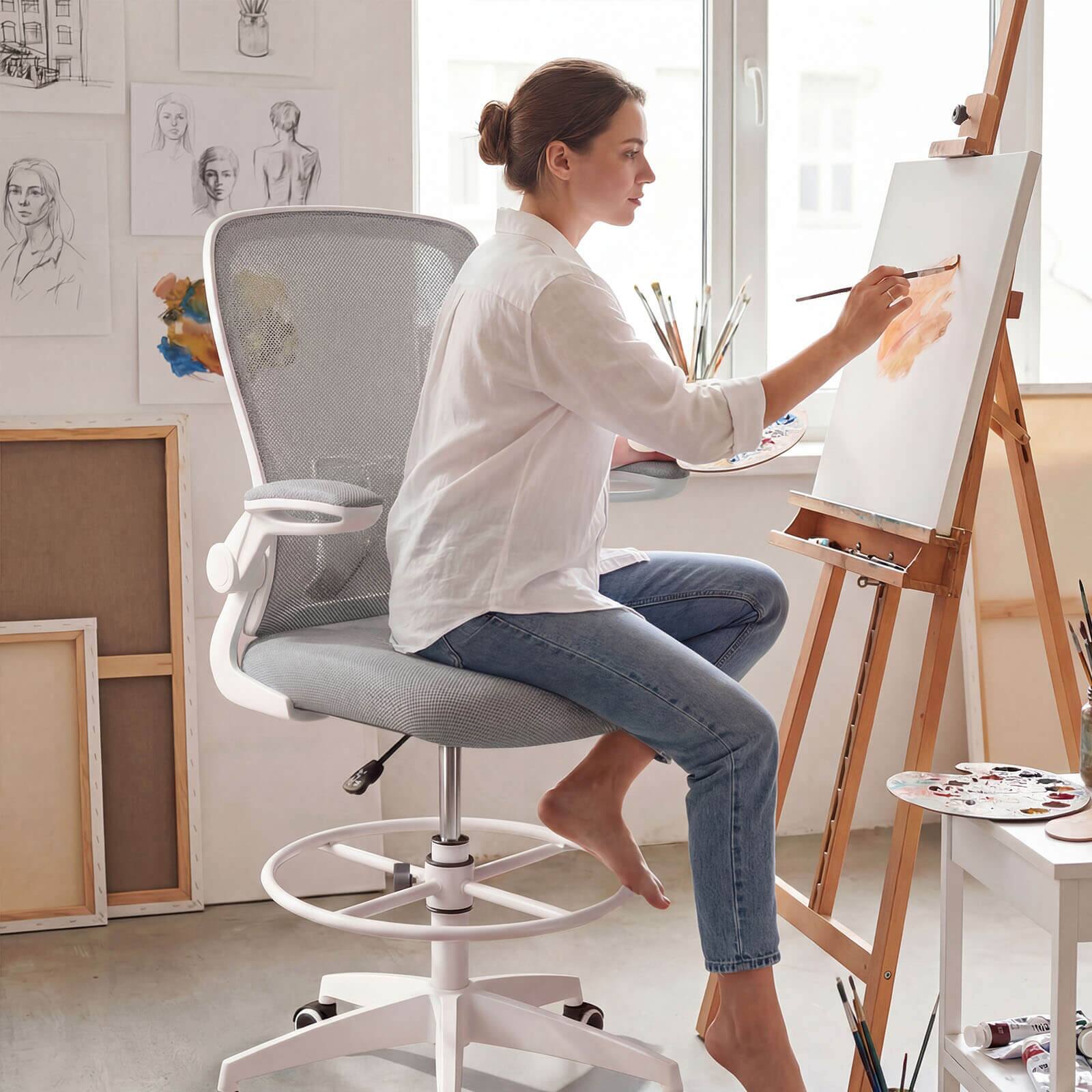 Alt View 3. Costway - Costway Home Office Drafting Chair with Flip-Up Armrests Adjustable Footrest Ring for Study - Gray.