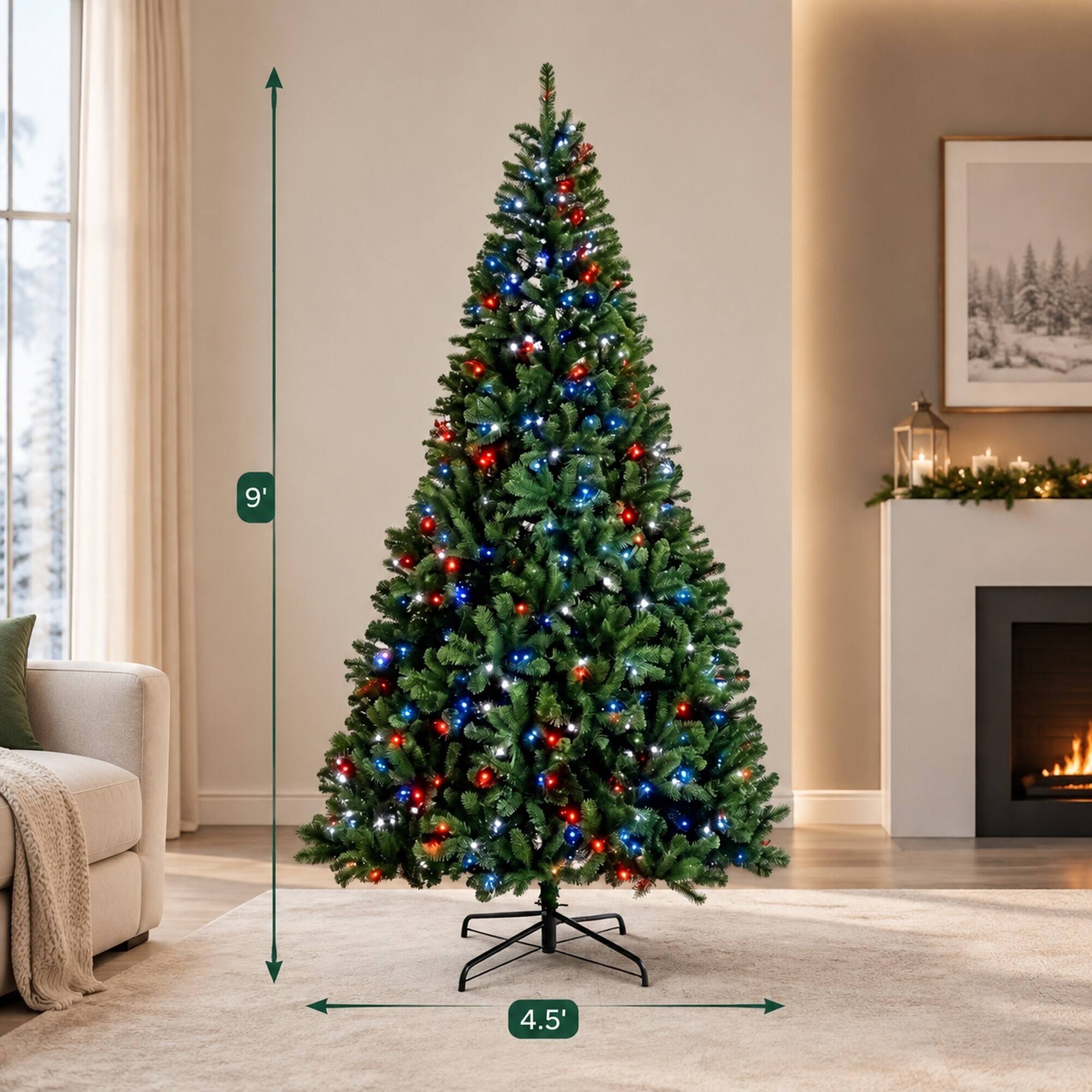Alt View 3. RYHNUYNE - 9FT Pre-Lit Artificial Christmas Tree With RGB Dynamic LED Lights and Remote, Built-In Timer and Hinged Branches - Green.