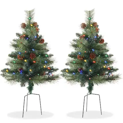 Front. Casafield - 2 - 24in Outdoor Pathway Christmas Trees with LED Lights - Green.