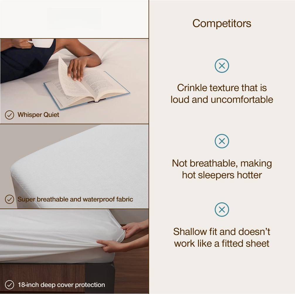 - Whisper Quiet
- Super breathable and waterproof fabric
- 18-inch deep cover protection

Competitors
- Crinkle texture that is loud and uncomfortable
- Not breathable, making hot sleepers hotter
- Shallow fit and doesn't work like a fitted sheet
