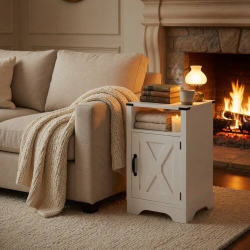 Angle. LUCKY ONE - 16" Assembled Farmhouse Nightstand with Charging Station USB - White.